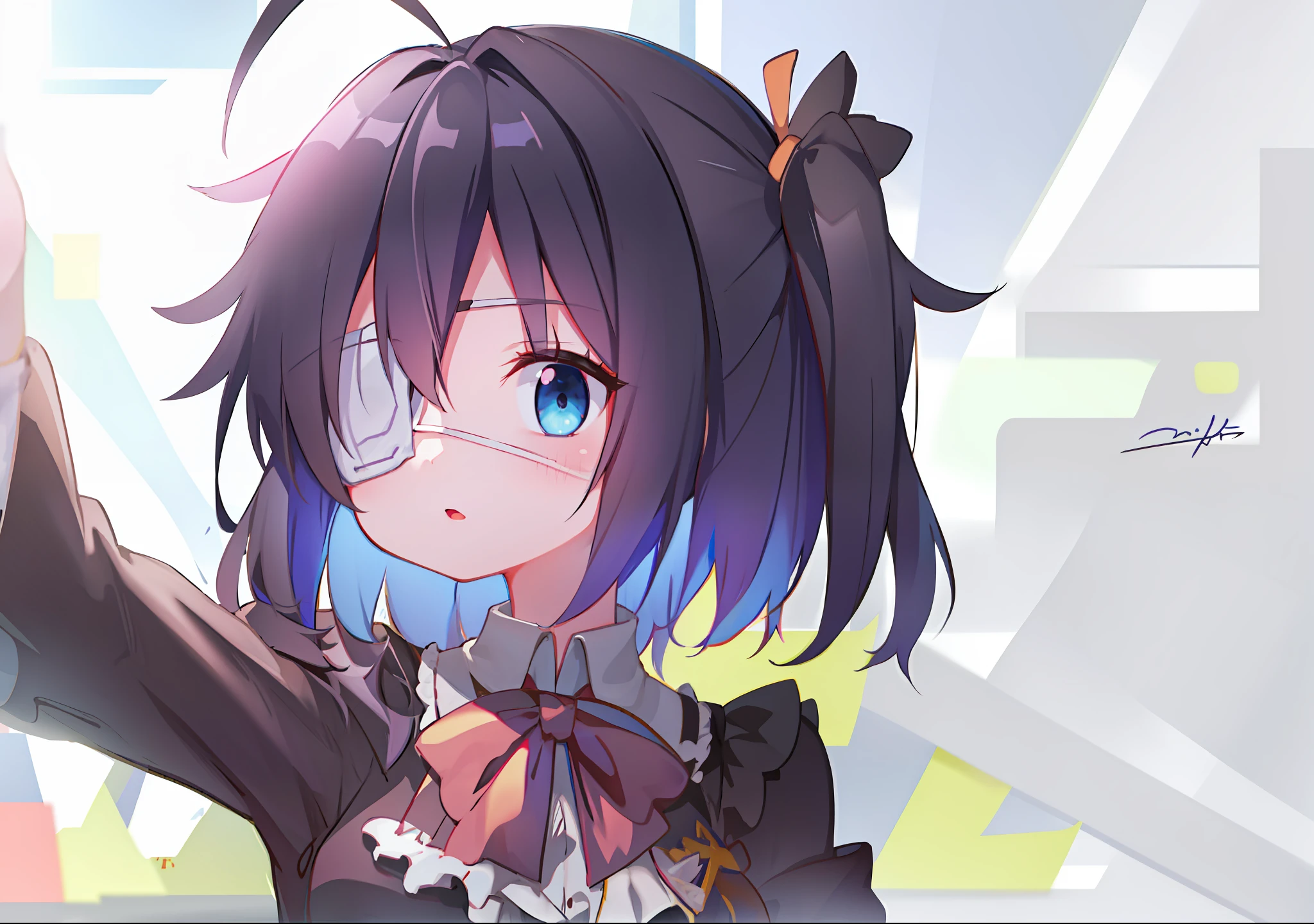 high res, masterpiece,Rikka Takanashi, black hair, solo, 1girl,outside,deatailed background, detailed eyes, ((blue eyes)), eyepatch