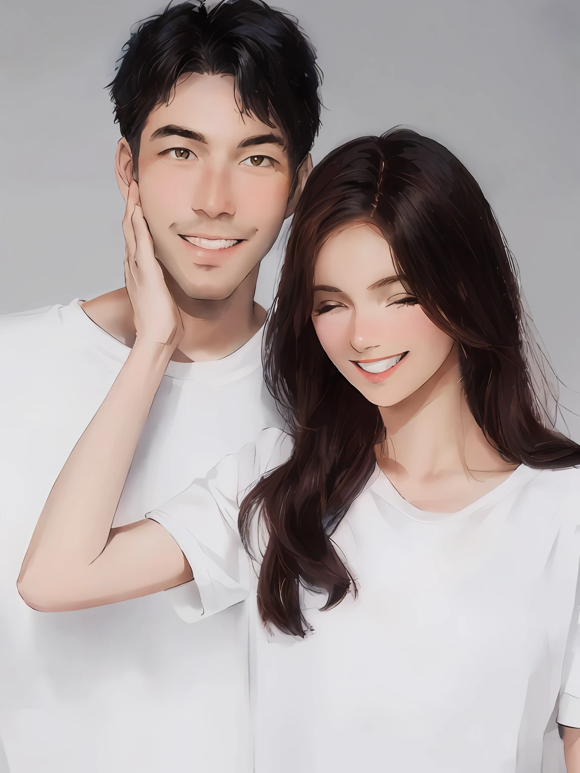 a man and a woman standing next to each other with a smile,