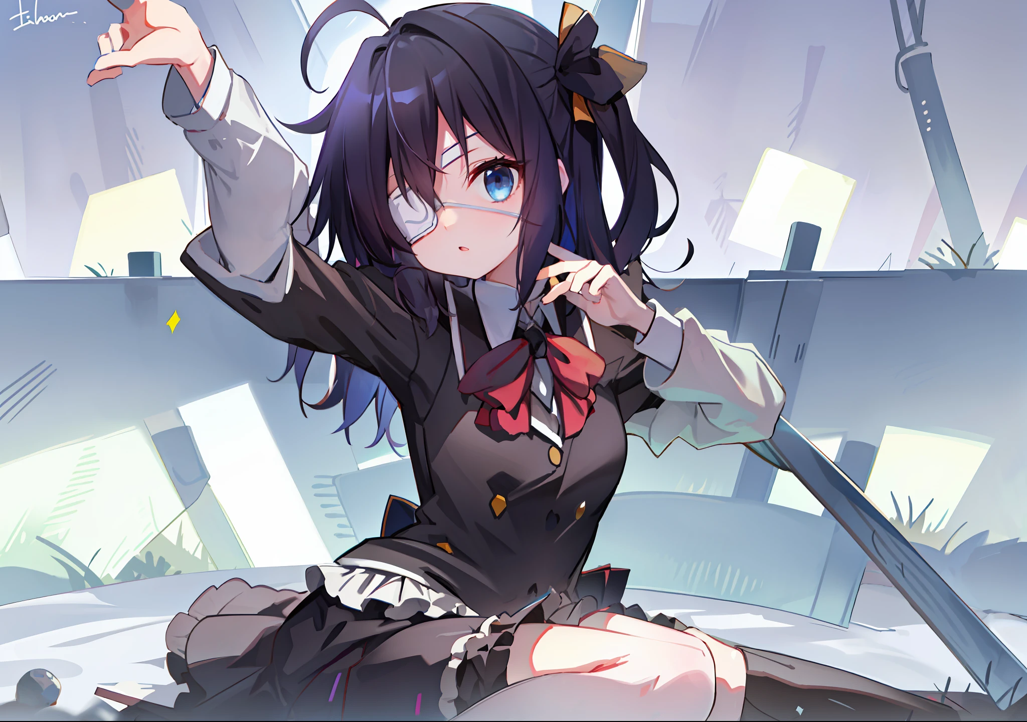 high res, masterpiece,Rikka Takanashi, black hair, solo, 1girl,outside,deatailed background, detailed eyes, ((blue eyes)), eyepatch