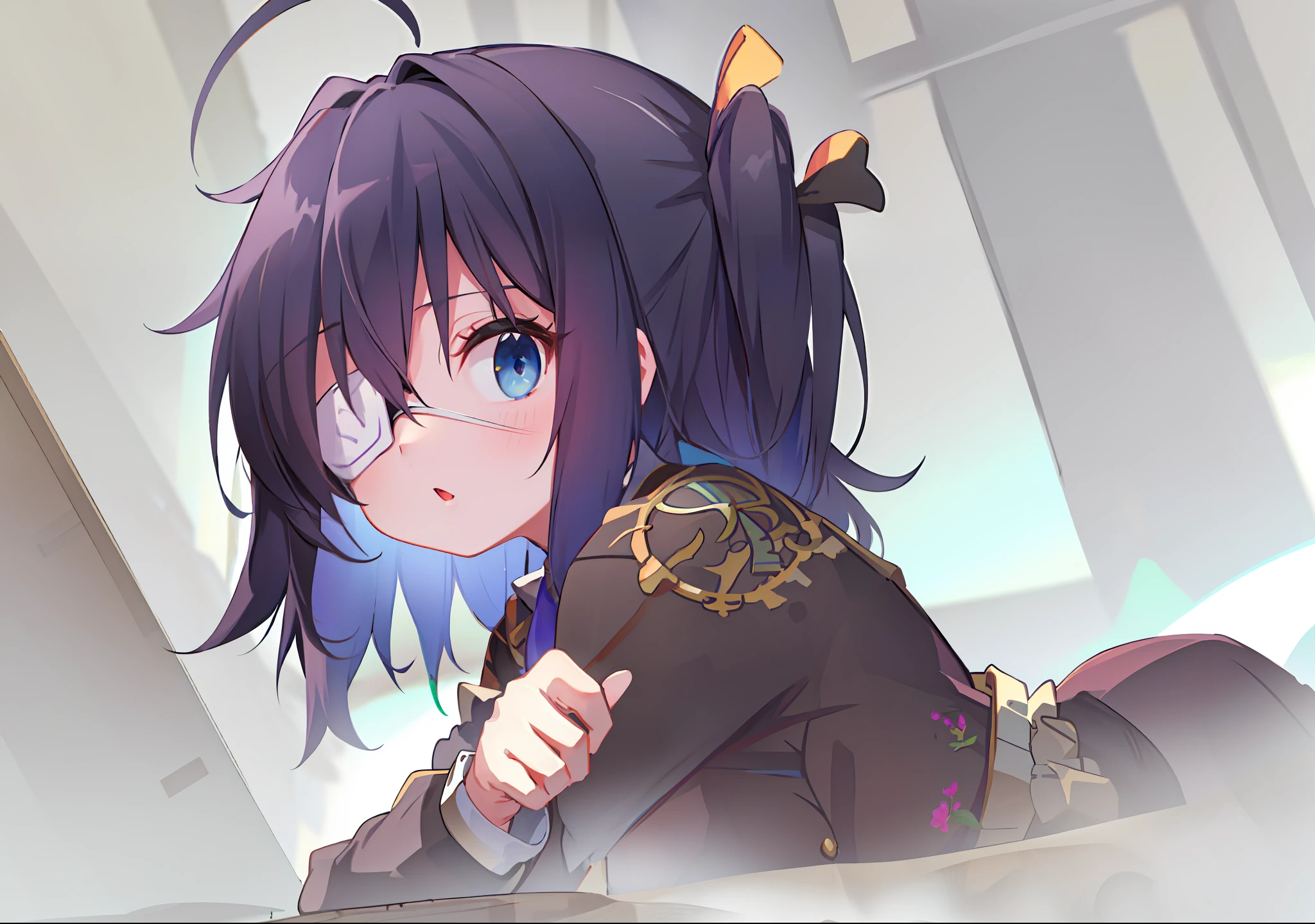 high res, masterpiece,Rikka Takanashi, black hair, solo, 1girl,outside,deatailed background, detailed eyes, ((blue eyes)), eyepatch