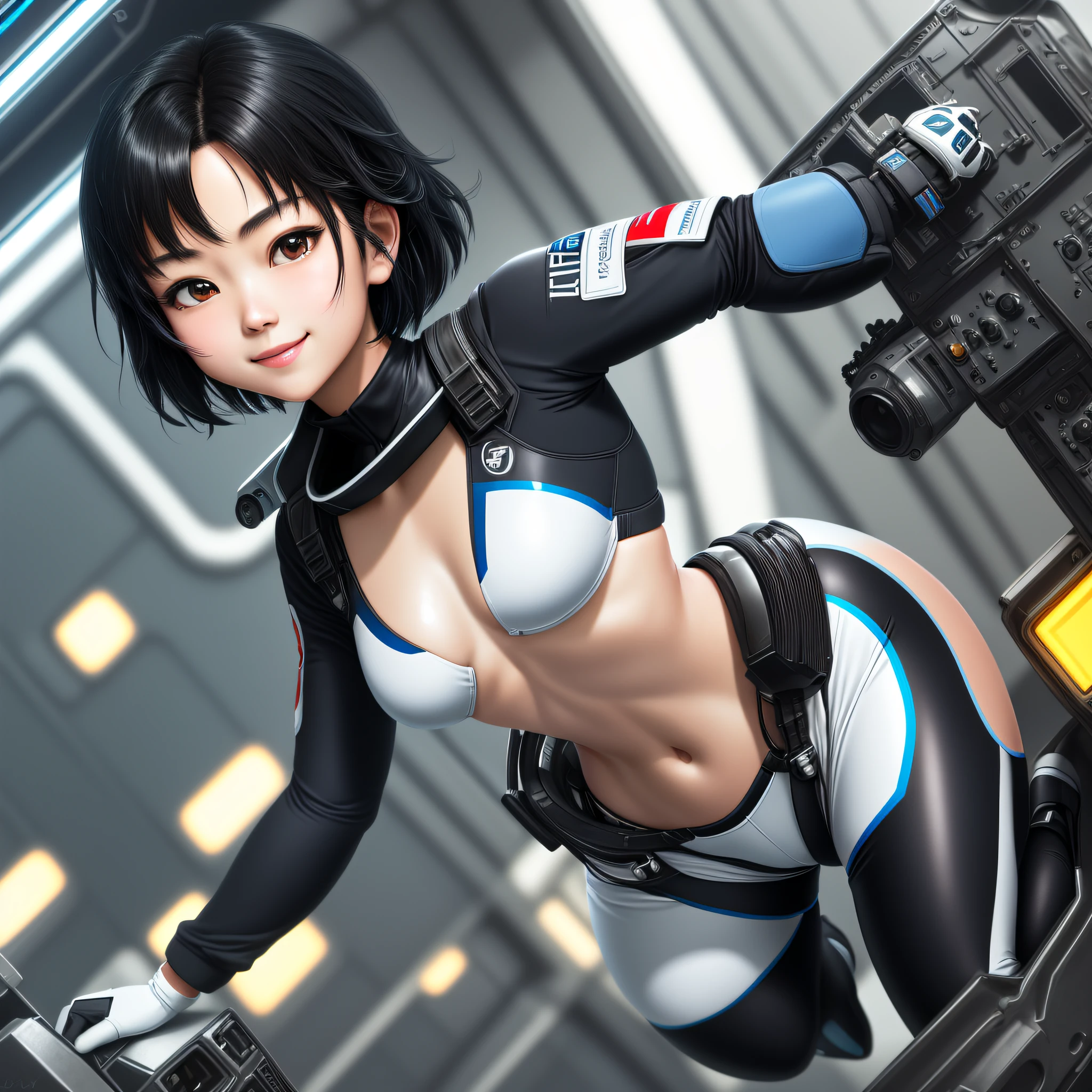 Elaborate CG Unity 8K wallpapers, masterpiece, highest quality, highest resolution, distinct_image): (Dynamic Angle, Solo, Japan Face, Short Black Haired Girl, Full Body, Small Breasts, Sparkly Black Eyes, White and Blue Color Flight Suit, Tight Fit Clothes, Full Body Covering Clothes, Beauty, Slim Body, Exoskeleton, Gundam, Metal Gear, Smile, Cockpit)