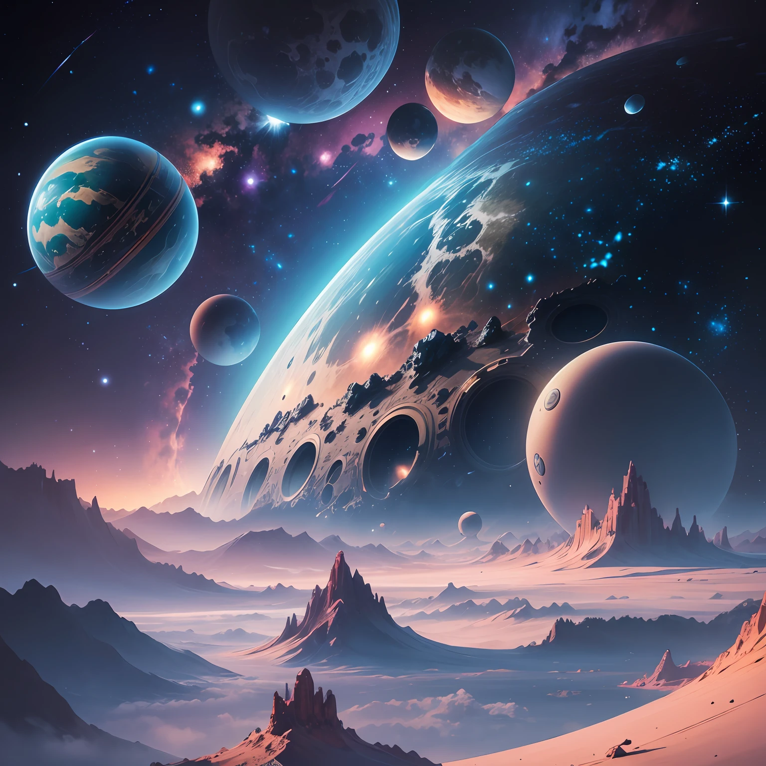 Futuristic landscape, planets, stars, galaxies, detailed, defined, fantastic, illustration --auto --s2