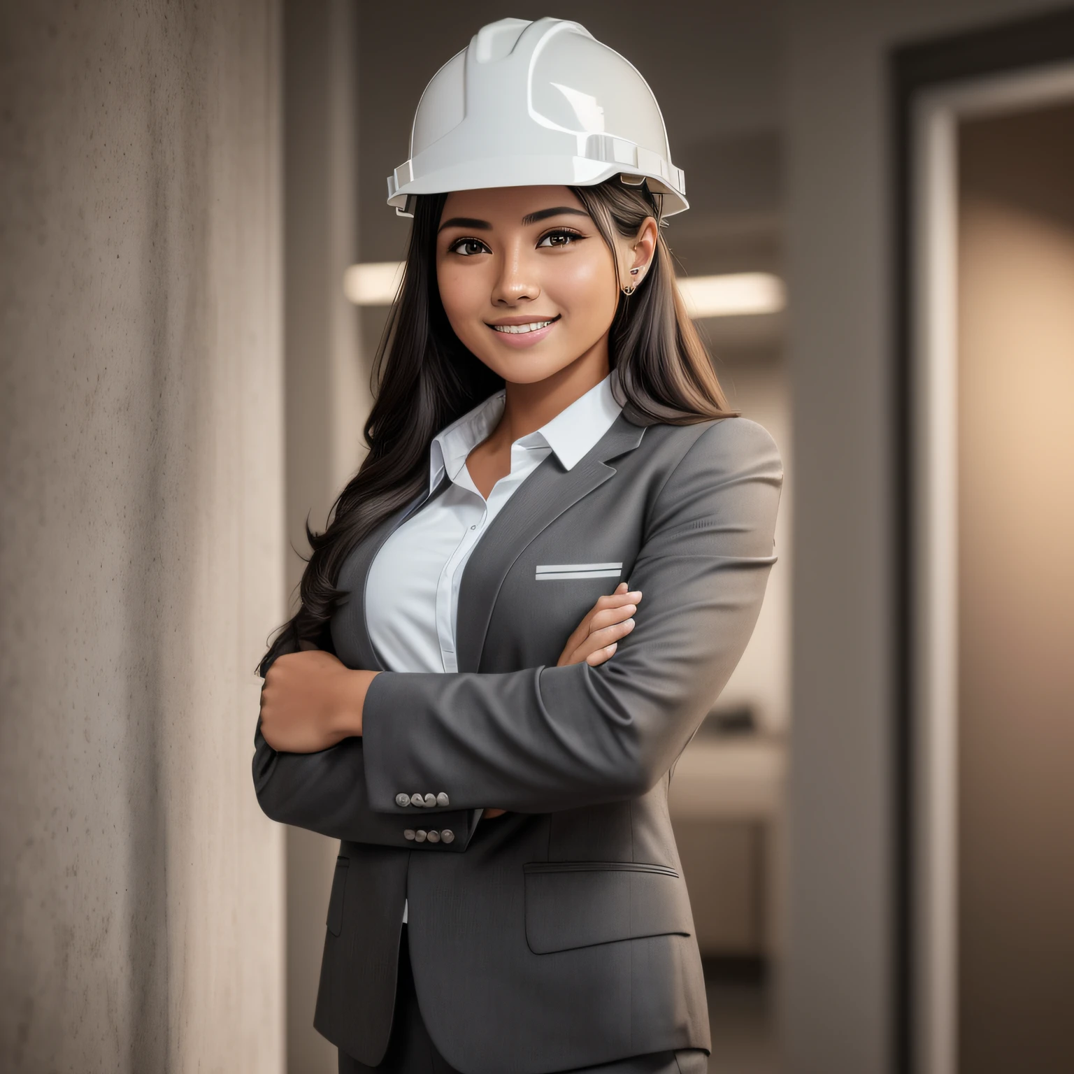 A smiling youth, wearing a dark gray suit + shirt, standing in a neat office, wearing a hard hat, holding hands, standing gracefully, white skin, full of confidence, beauty, 4 teeth, 30 years old, happy, full body portrait, 4k, high resolution, masterpiece, best quality, clear focus, (cinema lights), shirt, [:( facial detail: 1.2:0.2], ultra high resolution, (realistic: 1.4), high resolution, detailed, raw photo, sharp, by lee jeffries Nikon D850 Film Stock Photo 4 Kodak Portra 400 Camera F1.6 Lens rich colors, ultra-realistic, lifelike textures, dramatic lighting --auto --s2