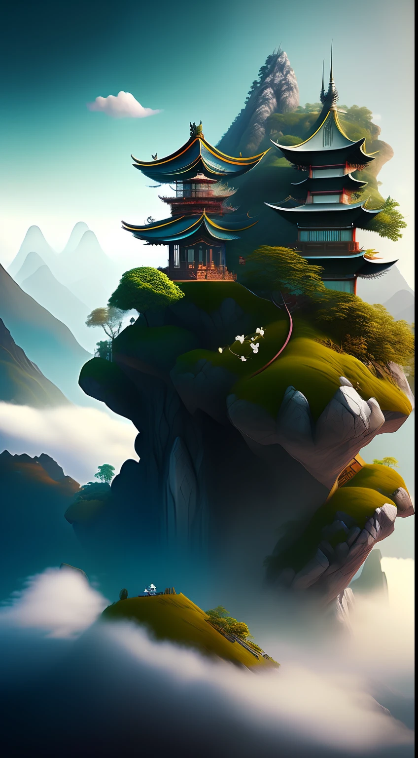 Dopamine, Surreal Airbrush Art, CGSociety, Unreal Engine, 16K, Rendering, CGI, Concept Art, Trends on ArtStation, DdreamLike Style, Zhangjiajie, Chinese-style Architecture Between Mountains and Forests, Mist, White Clouds, Top View of Aerial Photography