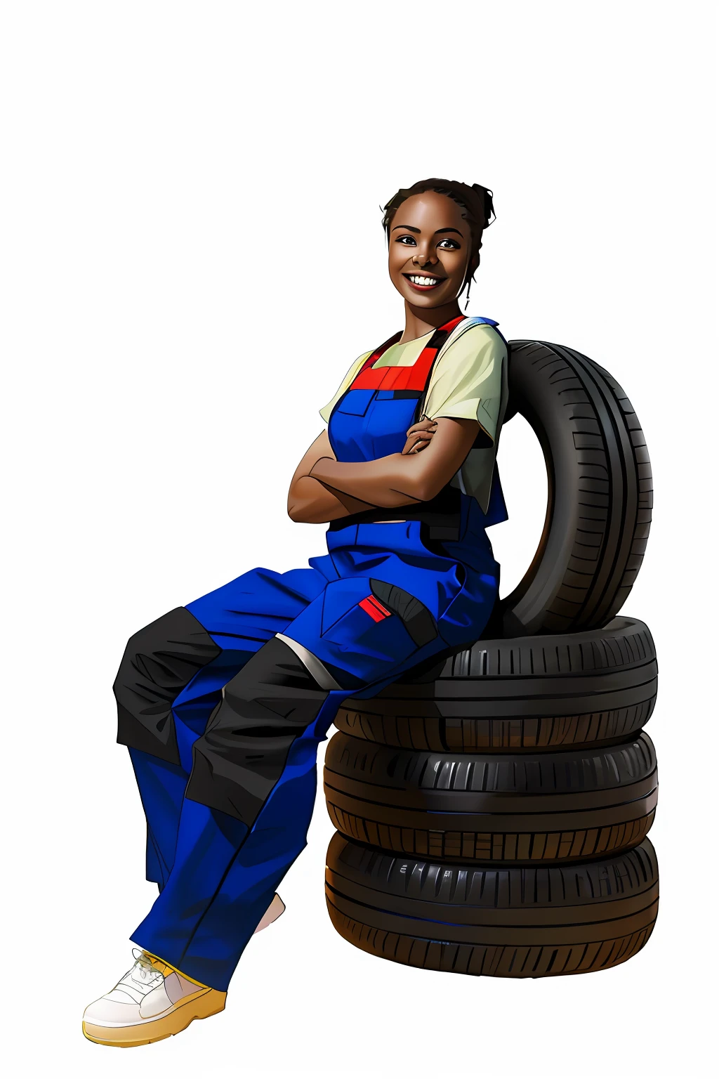 arafed woman sitting on a pile of tires with arms crossed, excited smile, advertising photo, photograph of a techwear mechanic woman, on black background, high quality portrait, fine professional photo, mechanic, edited, commercial photo, commercial photograph, print ready, épaule devant pose, innovative, closeup photograph, medium portrait, large portrait, inspiration, mid portrait, advert