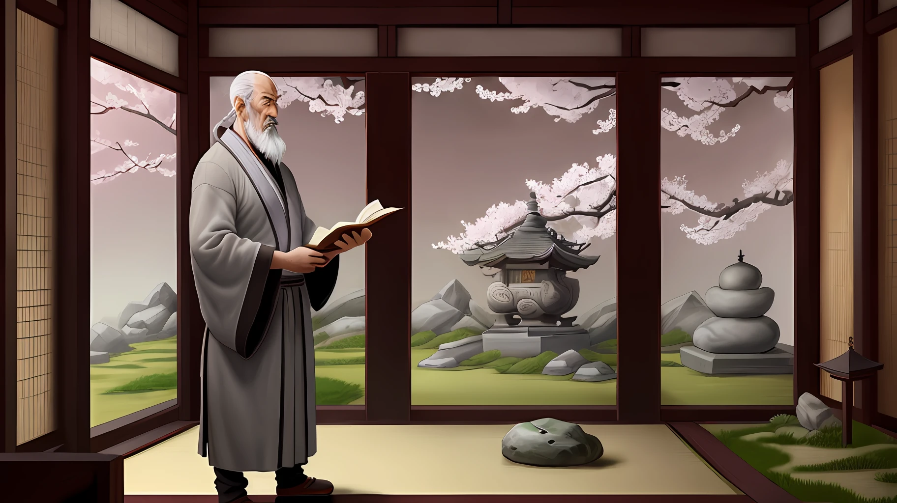 Holding a scroll, ancient illustrations, ink drops, master illustrations, a Chinese master, long gray beard, robes, literary guru, standing behind the podium to lecture, figures appear on the left side of the picture (Zen garden, plum blossoms, nature), chinoiserie