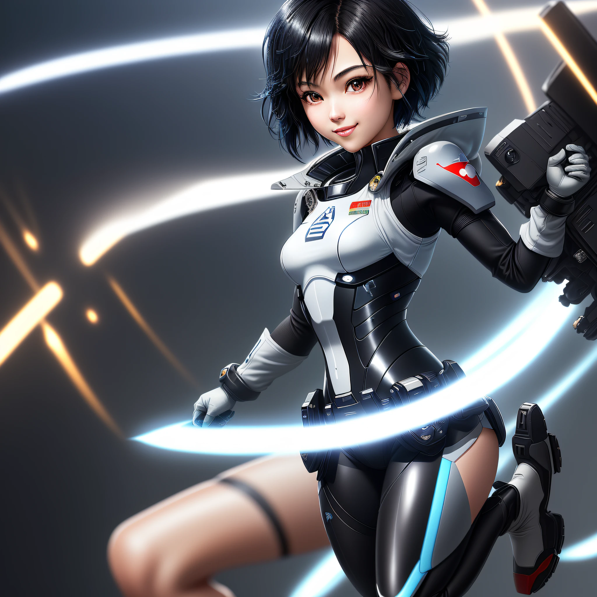 Elaborate CG Unity 8K wallpaper, masterpiece, highest quality, highest resolution, distinct_image): (Dynamic Angle, Solo, Japan Face, Short Black Haired Girl, Full Body, Small Breasts, Sparkly Black Colored Eyes, White and Blue Color Flight Suit, Tight Fit Clothes, Full Body Covering Clothes, Beauty, Slim Body, Exoskeleton, Gundam, Metal Gear, Smile)