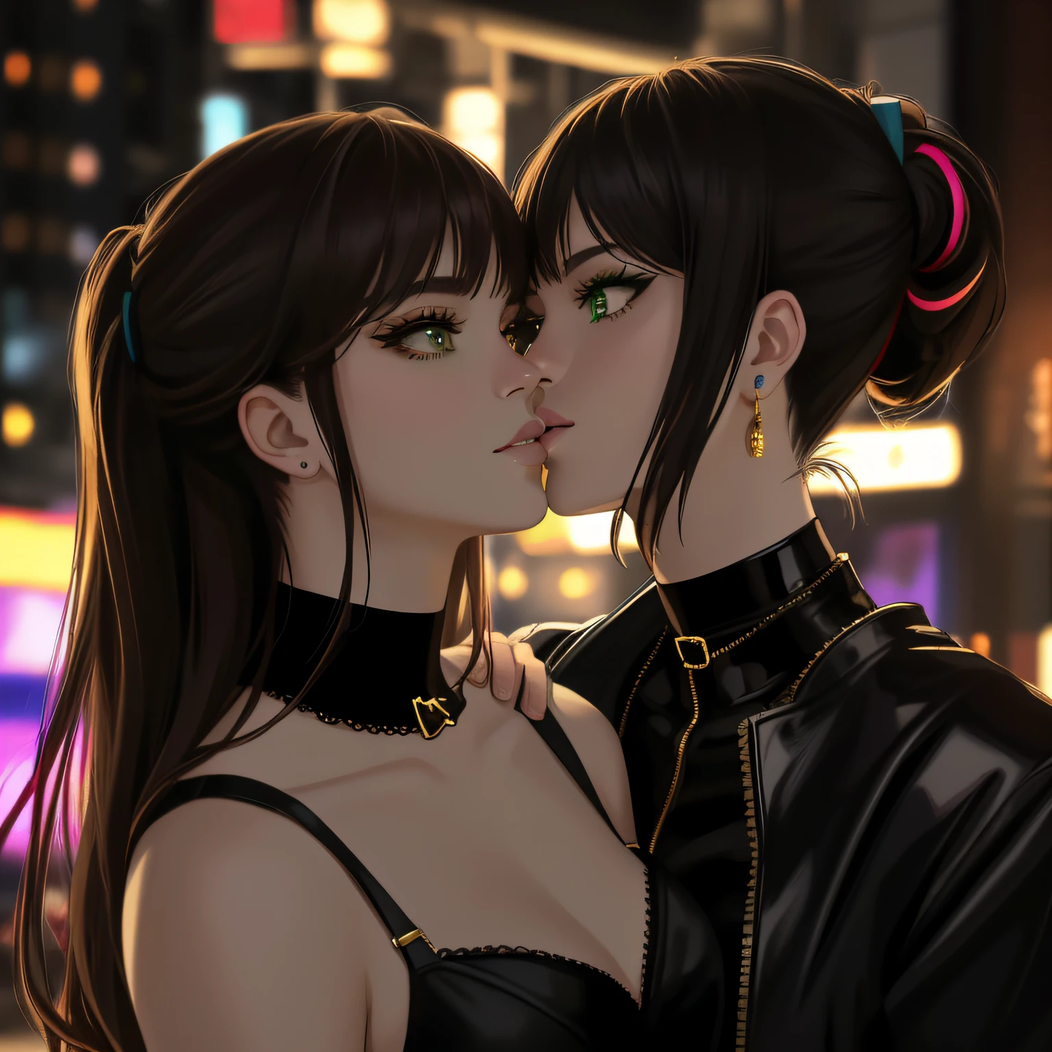 "(masterpiece, best quality, 8k, sharp focus, depth of field, best shadows, perfect lights, HDR, realistic skin texture, ultra-detailed background, detailed)", anime style, 2 women kissing (one of them has green eyes, white skin, black hair with ponytail, choker, small breasts, slim, makeup, eyeliner, glitter), (the other woman has blonde hair), at a night club, cyberpunk theme,  Cyberpunk City.