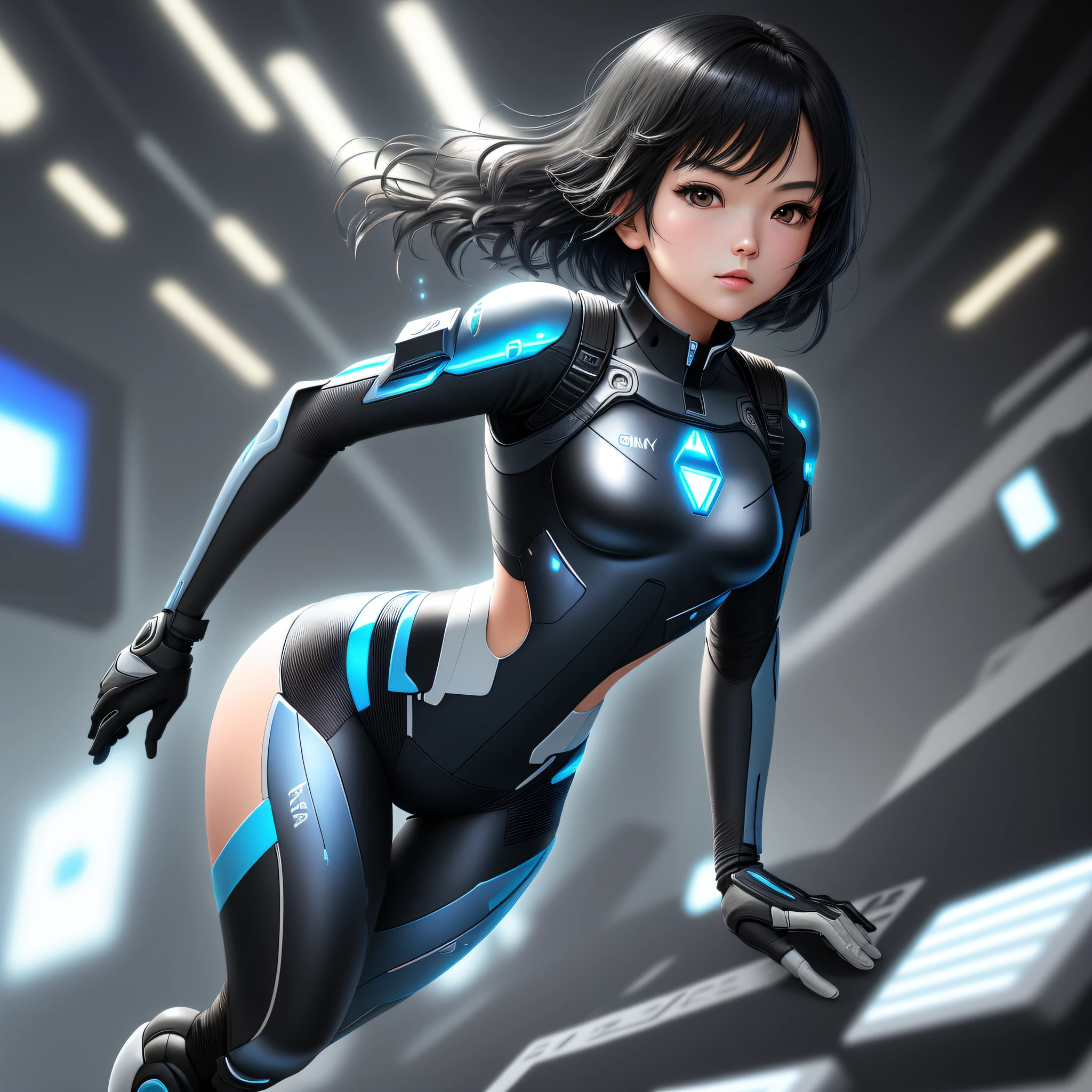 Elaborate CG Unity 8K wallpapers, masterpiece, highest quality, highest resolution, distinct_image): (Dynamic Angle, Solo, Japan Face, Short Black Haired Girl, Full Body, Small Breasts, Sparkly Black Eyes, White and Blue Color Flight Suit, Tight Fit Clothes, Full Body Covering Clothes, Beauty, Slim Body, Exoskeleton, Gundam, Metal Gear, Computer Controls)
