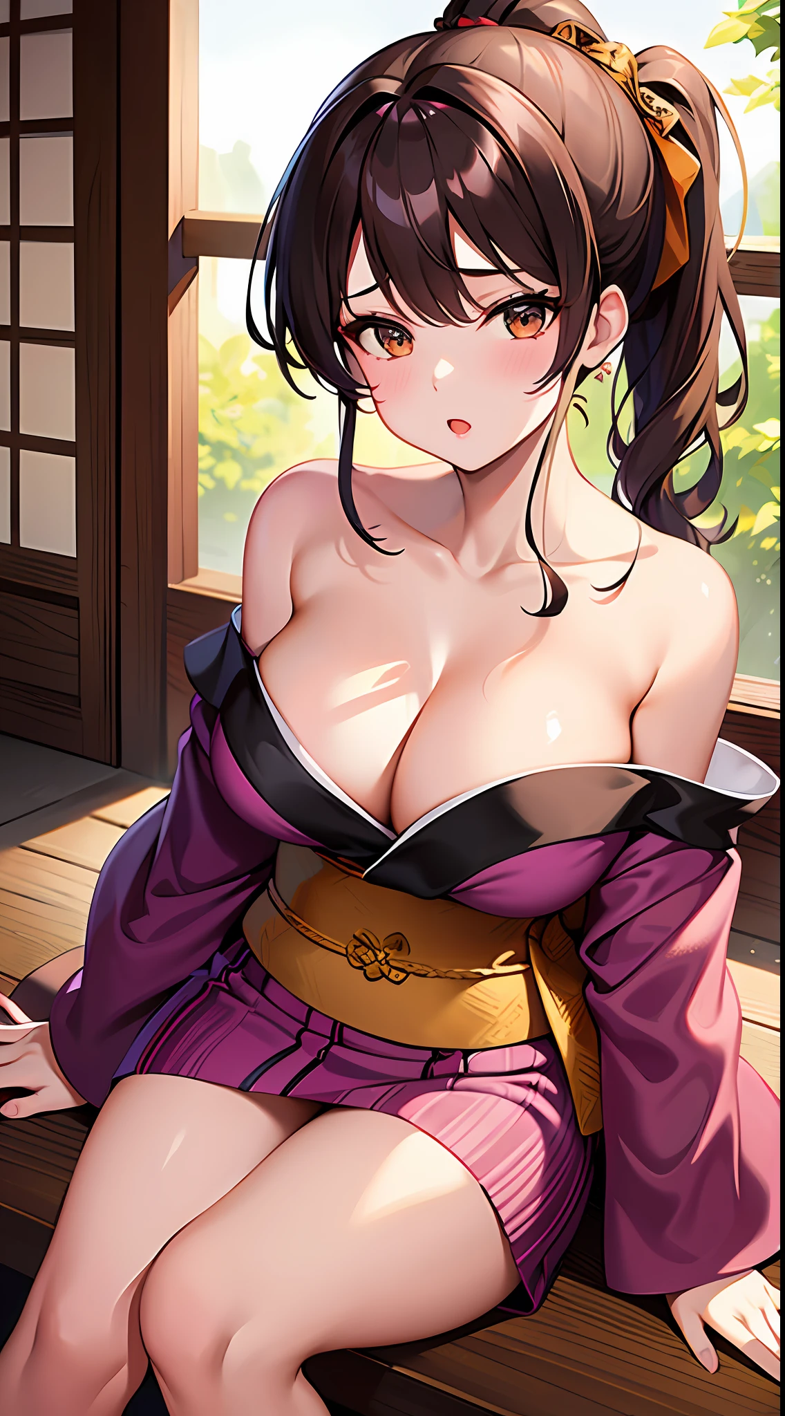 1girl, masterpiece, best quality, medium full shot, brown ponytail, (busty), cleavage, breast focus, (off shoulder yukata), sexy