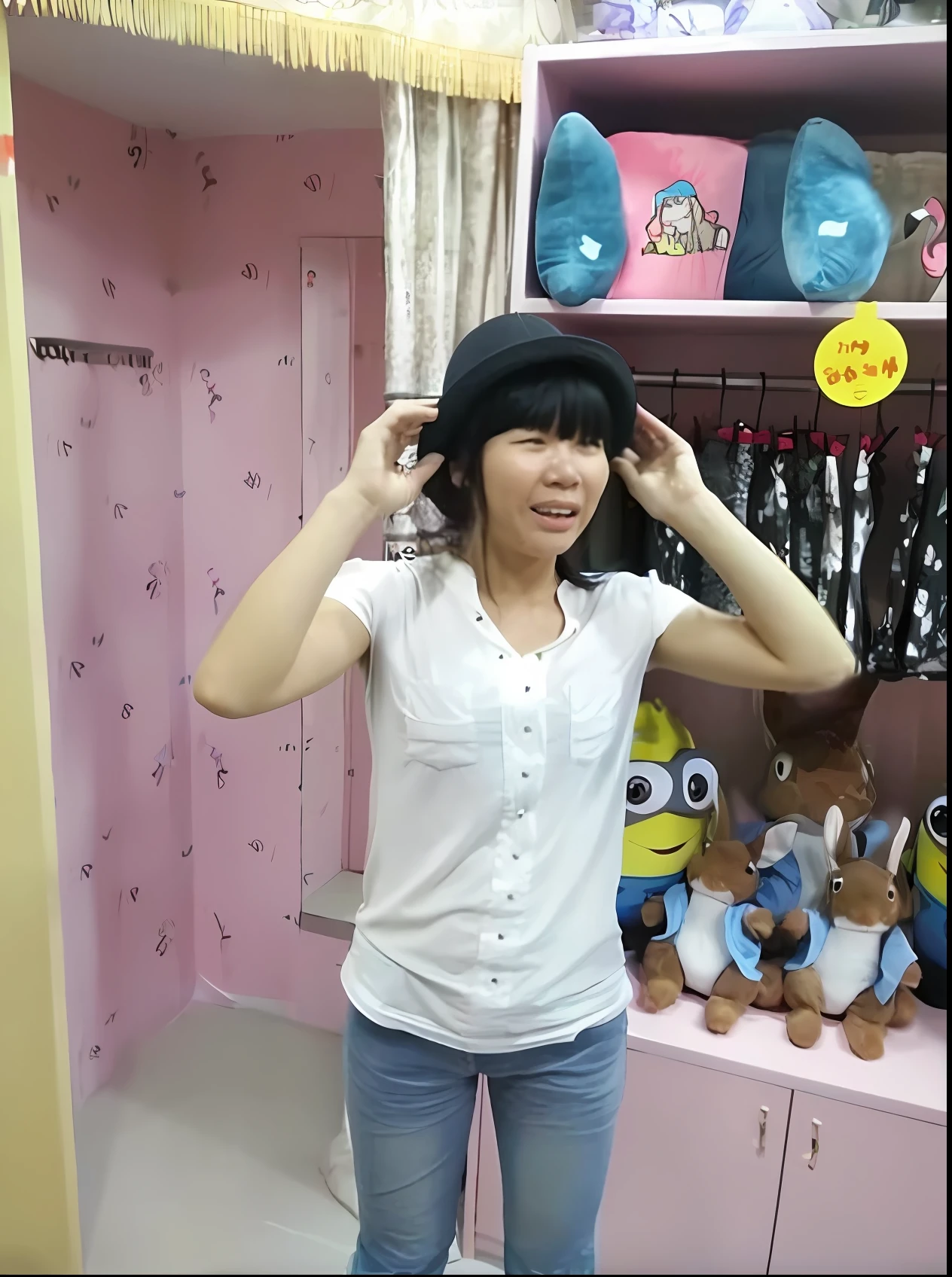 there is a woman standing in a room with a hat on, wearing a cute hat, she is wearing a hat, with funny feeling, with a weird hat, xintong chen, wearing hat, at instagram, appearing in a shopping mall, detective had on her head, inspired by Li Mei-shu, it's wearing a cute little hat, crazy expression