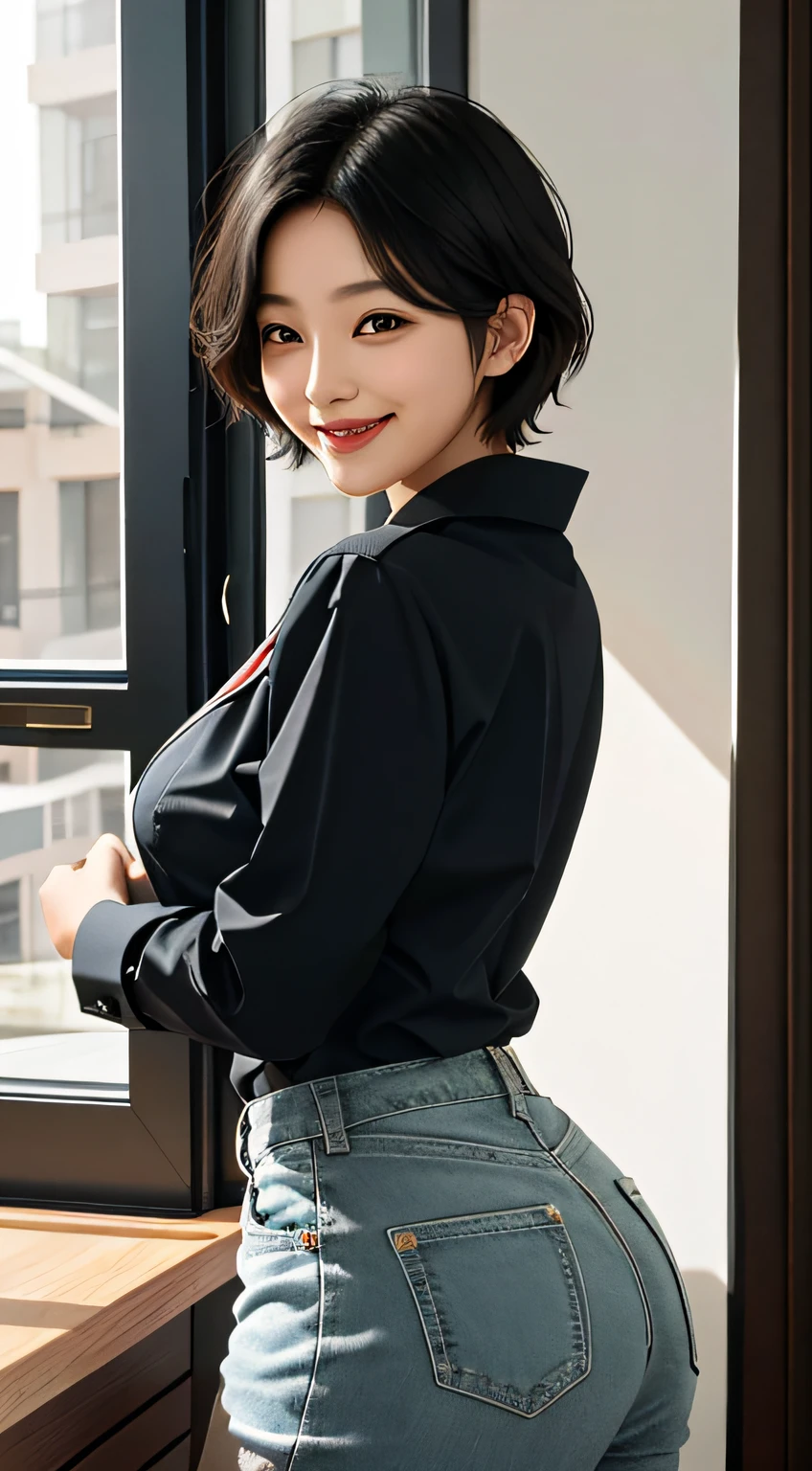 girl, one, best quality, beautiful, cute, radiant, breast-big, short-haired, masterpiece, uniform, black hair, beautiful ass, smile, world's most beautiful woman