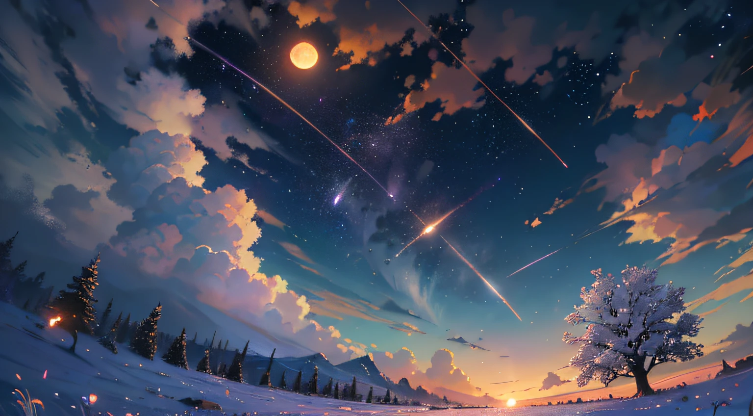 Vast landscape photo, (viewed from below, the sky is above and the open field is below), a girl standing on a flower field looking up, (full moon: 1.2), (meteor: 0.9), (nebula: 1.3), distant mountains , Trees BREAK Crafting Art, (Warm Light: 1.2), (Fireflies: 1.2), Lights, Lots of Purple and Orange, Intricate Details, Volumetric Lighting, Realism BREAK (Masterpiece: 1.2), (Best Quality), 4k, Ultra-Detailed, (Dynamic Composition: 1.4), Very Detailed, Colorful Details, (Rainbow Colors: 1.2), (Glow Lighting, Atmospheric Lighting), Dreamy, Magical, (Solo: 1.2)