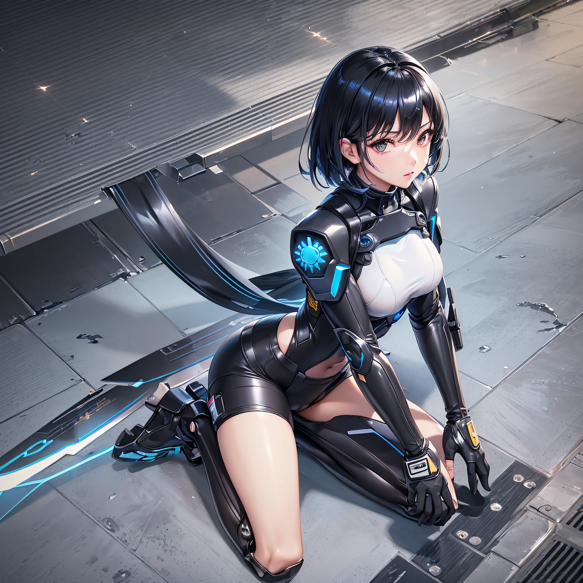 Elaborate CG Unity 8K wallpapers, masterpiece, highest quality, highest resolution, distinct_image): (Dynamic Angle, Solo, Japan Face, Short Black Haired Girl, Full Body, Small Breasts, Sparkly Black Eyes, White and Blue Colored Flight Suit, Tight Fit Clothes, Full Body Covering Clothes, Beauty, Slim Body, Exoskeleton, Gundam, Metal Gear)