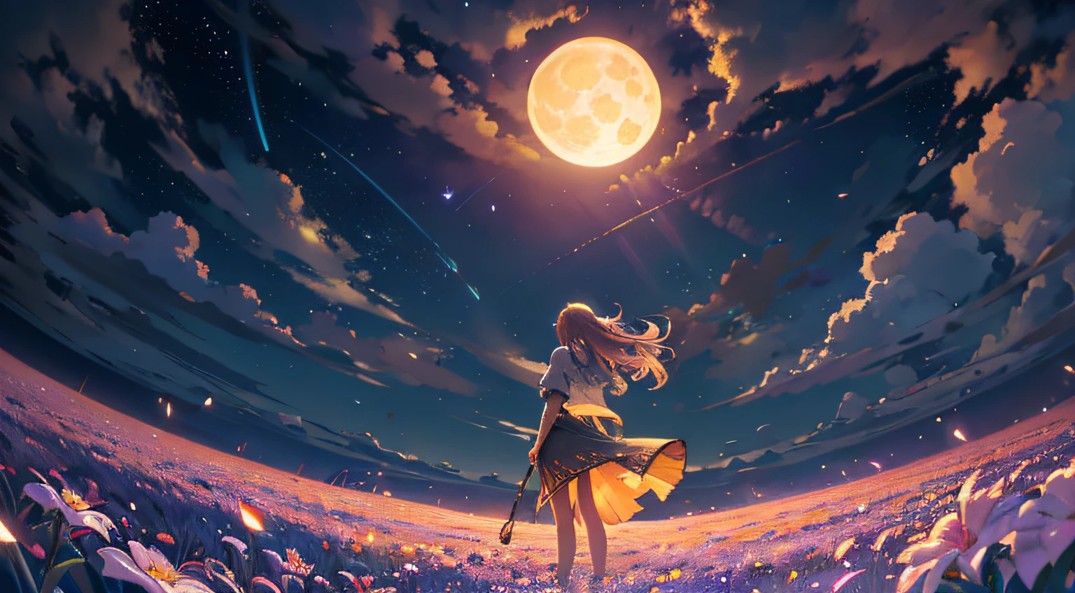Vast landscape photo, (viewed from below, the sky is above and the open field is below), a girl standing on a flower field looking up, (full moon: 1.2), (meteor: 0.9), (nebula: 1.3), distant mountains , Trees BREAK Crafting Art, (Warm Light: 1.2), (Fireflies: 1.2), Lights, Lots of Purple and Orange, Intricate Details, Volumetric Lighting, Realism BREAK (Masterpiece: 1.2), (Best Quality), 4k, Ultra-Detailed, (Dynamic Composition: 1.4), Very Detailed, Colorful Details, (Rainbow Colors: 1.2), (Glow Lighting, Atmospheric Lighting), Dreamy, Magical, (Solo: 1.2)