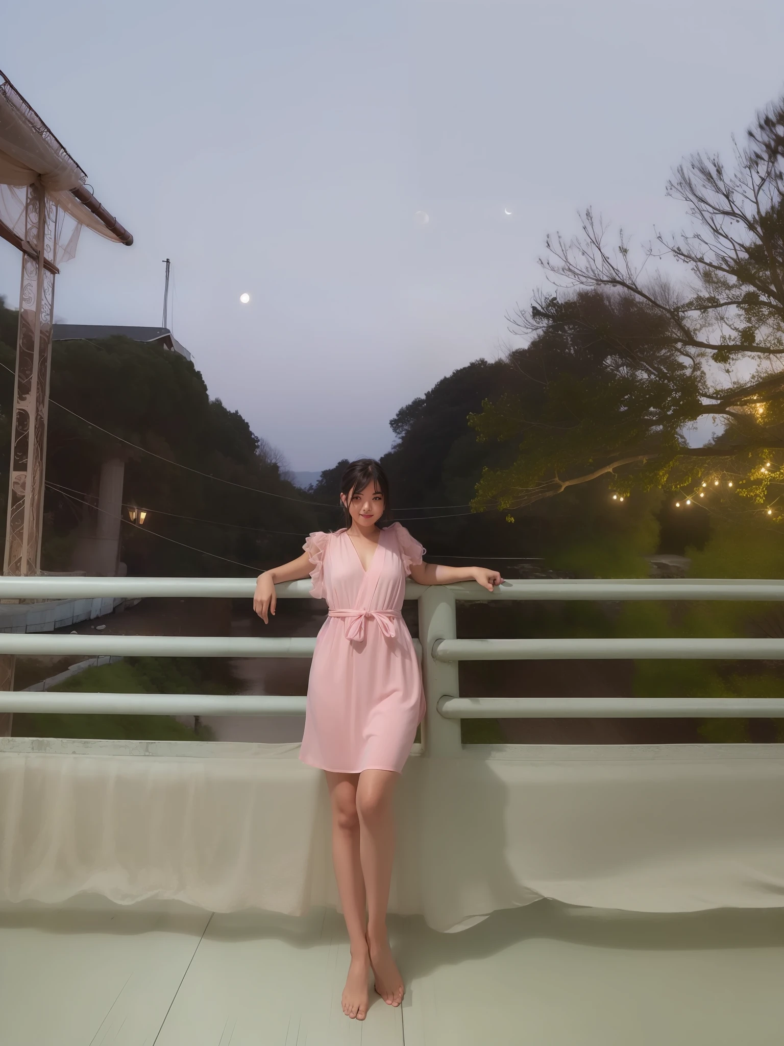 1girl, in middle of bridge, in evening, moon light, barefoot, wearing pink short gown, curtain grab, curtains, covered navel, covered, black hair, sheet grab, standing, smile, solo, tail, lily_\(flower\), looking a viewer, solo, beautiful and delicate detailed girl, illustration, unity 8k wallpaper, masterpiece, best quality, (upper body:1.6),