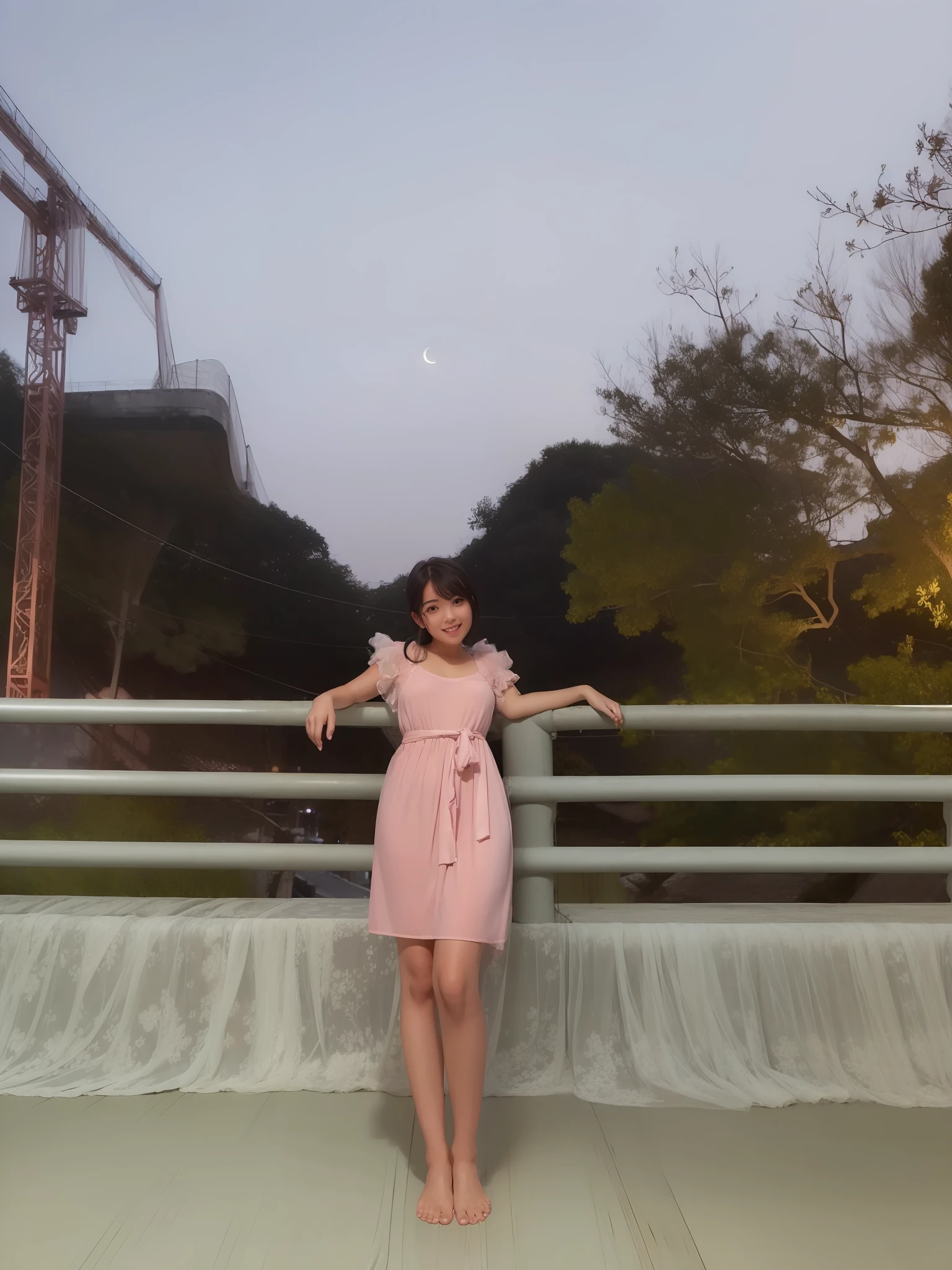 1girl, in middle of bridge, in evening, moon light, barefoot, wearing pink short gown, curtain grab, curtains, covered navel, covered, black hair, sheet grab, standing, smile, solo, tail, lily_\(flower\), looking a viewer, solo, beautiful and delicate detailed girl, illustration, unity 8k wallpaper, masterpiece, best quality, (upper body:1.6),