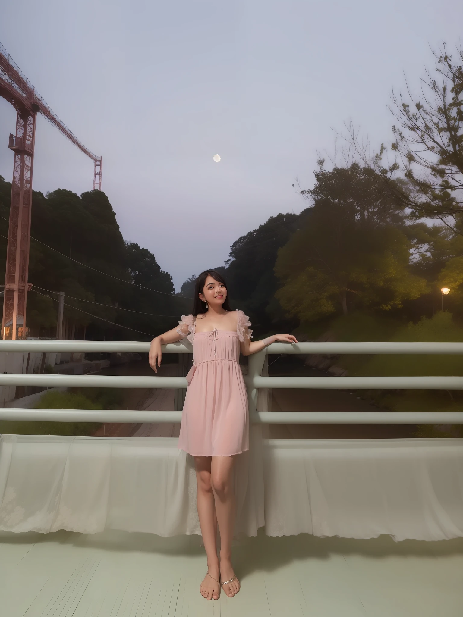 1girl, in middle of bridge, in evening, moon light, barefoot, wearing pink short gown, curtain grab, curtains, covered navel, covered, black hair, sheet grab, standing, smile, solo, tail, lily_\(flower\), looking a viewer, solo, beautiful and delicate detailed girl, illustration, unity 8k wallpaper, masterpiece, best quality, (upper body:1.6),