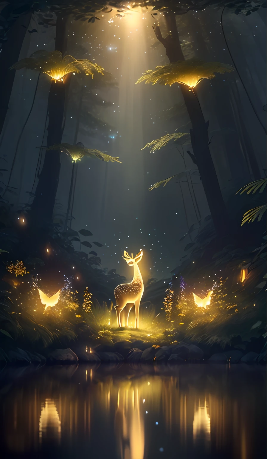 Masterpiece, best quality, (very detailed CG unity 8k wallpaper), (best quality), (best illustration), (best shadows), glow sprite, with a glowing deer, in the swimming pool Drinking water, natural elements in the forest theme. Mysterious forest, beautiful forest, nature, surrounded by flowers, delicate leaves and branches surrounded by fireflies (natural elements), (jungle theme), (leaves), (twigs), (fireflies), (particle effects) etc. 3D , Octane rendering, ray tracing, super detailed