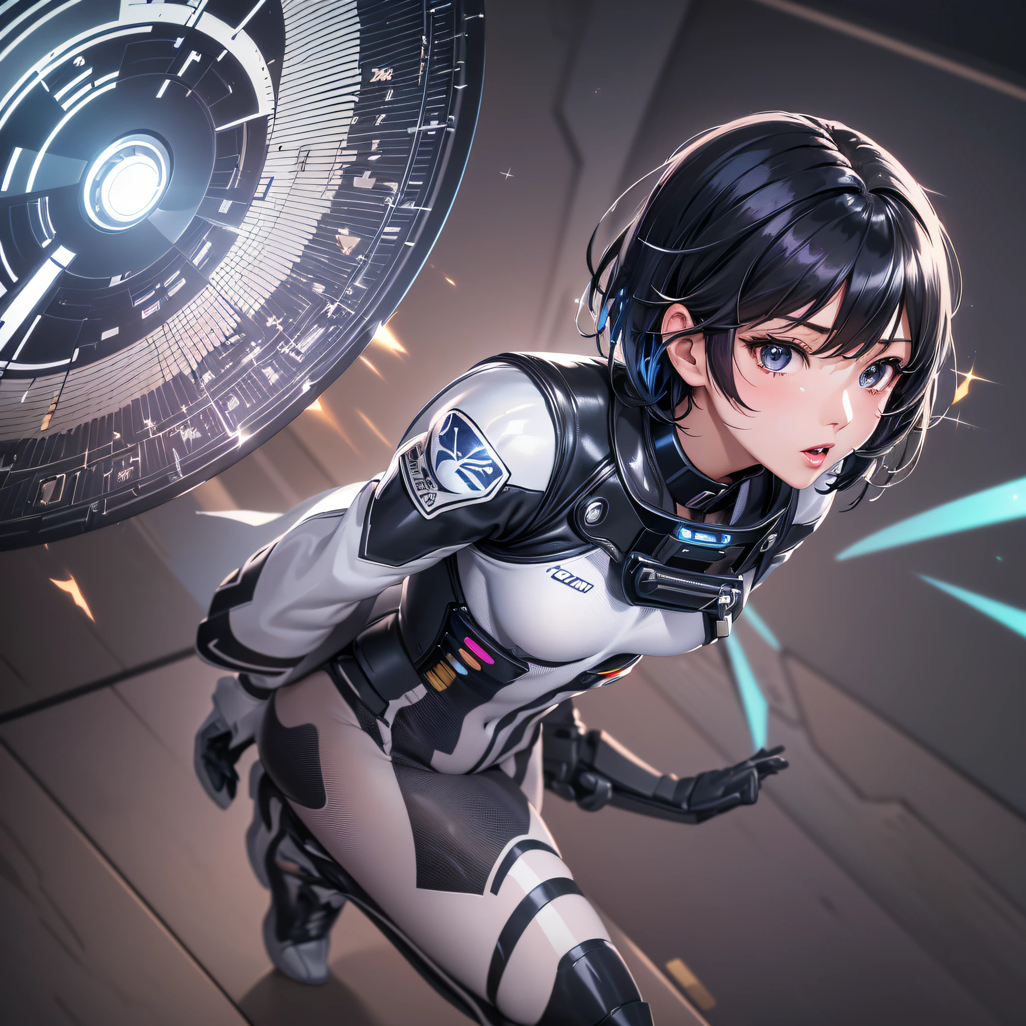 Elaborate CG Unity 8K wallpapers, masterpiece, highest quality, highest resolution, distinct_image): (Dynamic Angle, Solo, Japan Face, Short Black Haired Girl, Full Body, Small Breasts, Sparkly Black Eyes, White and Blue Colored Flight Suit, Tight Fit Clothes, Full Body Covering Clothes, Beauty, Slim Body, Exoskeleton, Gundam, Metal Gear)