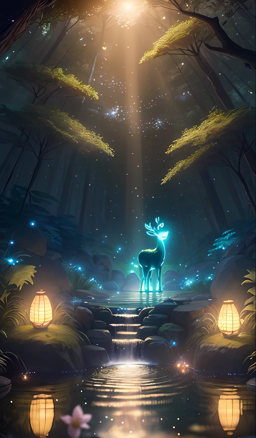 Masterpiece, best quality, (very detailed CG unity 8k wallpaper), (best quality), (best illustration), (best shadows), glow sprite, with a glowing deer, in the swimming pool Drinking water, natural elements in the forest theme. Mysterious forest, beautiful forest, nature, surrounded by flowers, delicate leaves and branches surrounded by fireflies (natural elements), (jungle theme), (leaves), (twigs), (fireflies), (particle effects) etc. 3D , Octane rendering, ray tracing, super detailed