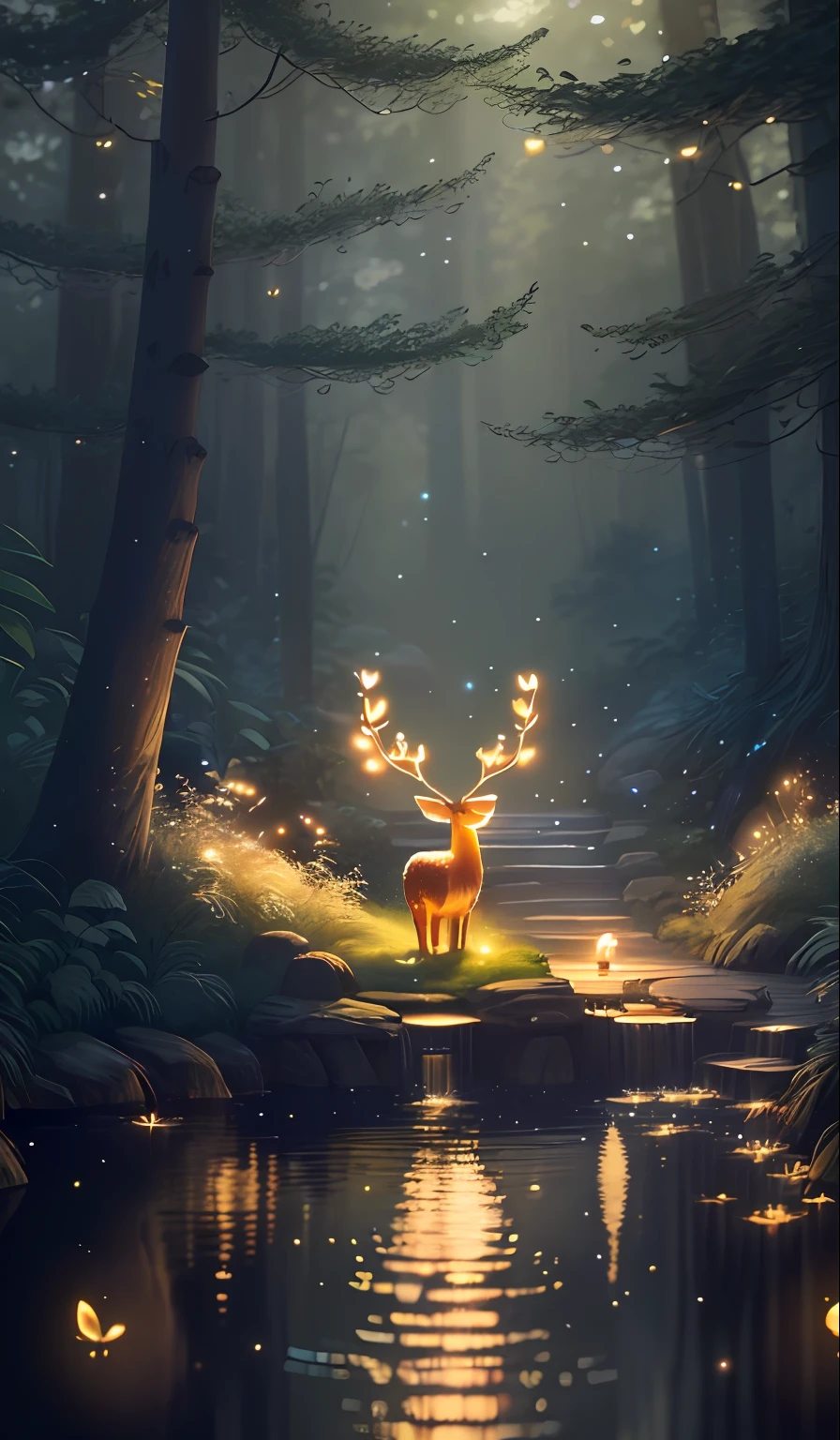 Masterpiece, best quality, (very detailed CG unity 8k wallpaper), (best quality), (best illustration), (best shadows), glow sprite, with a glowing deer, in the swimming pool Drinking water, natural elements in the forest theme. Mysterious forest, beautiful forest, nature, surrounded by flowers, delicate leaves and branches surrounded by fireflies (natural elements), (jungle theme), (leaves), (twigs), (fireflies), (particle effects) etc. 3D , Octane rendering, ray tracing, super detailed