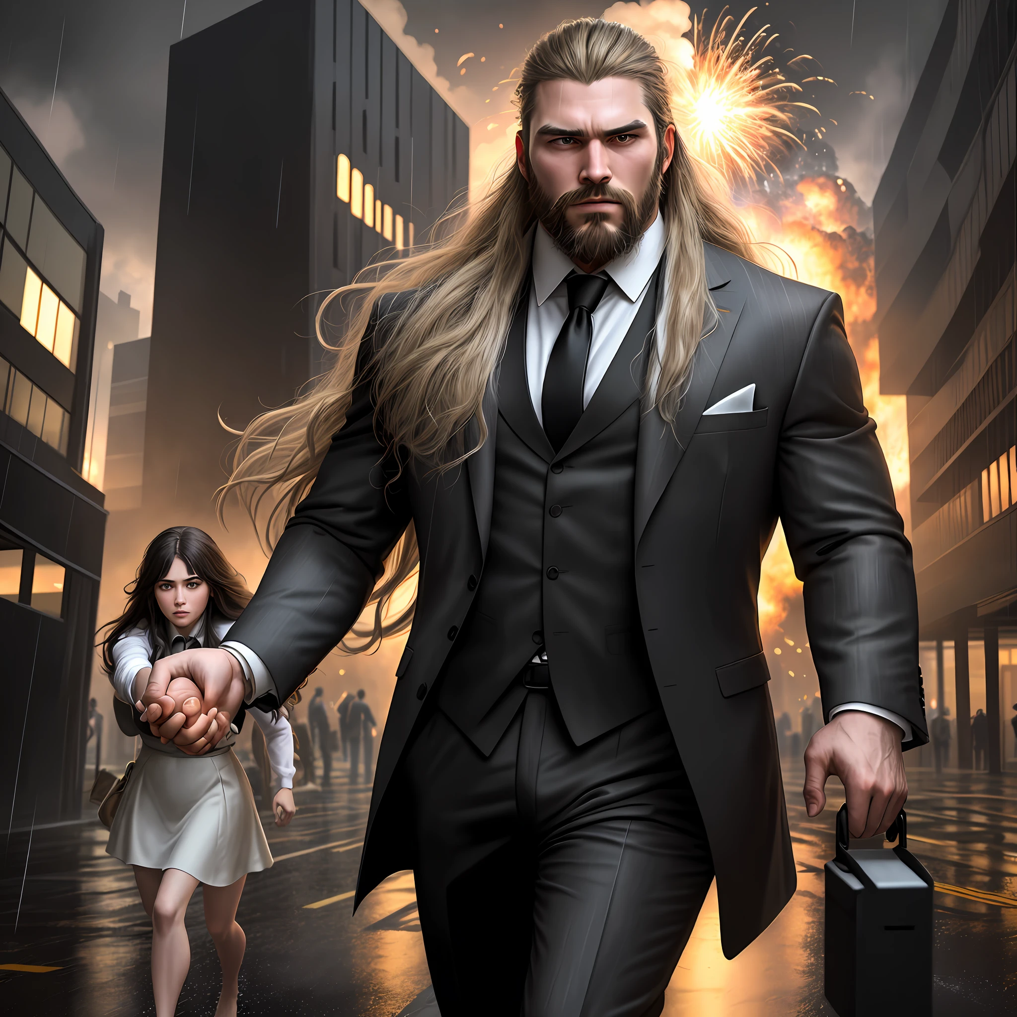 masterpiece, extremely high details, (best quality: 1.2), absurd, photorealistic, realistic, hyperdetailed, ray tracing, high resolution, sharp focus, 8k, vibrant, intricate, sharpness and clarity, realistic, hiper_realismo, 1man, 1girl, gentleman,, man lifting in arms, coming out of explosion atmosphere, shoulder of man long hair, barefoot woman, holding hand, huge explosion, explosion of the entire structure of the building, dirty face, beard, torn suit, dirty gray shirt, black tie, character from the movie Ja rule, explosion, debris, night, raining, rain, wet ground