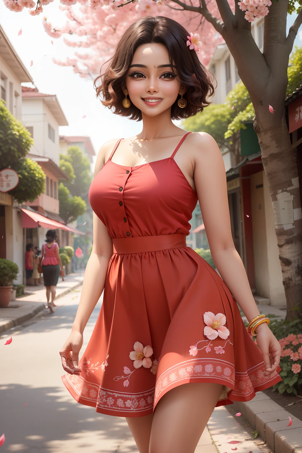 Alluring ravishing sexy urban girl Anupriya, cute wide smile, light red dress, huge peach blossom, walking on tree lined street, flowing short hair, falling flower petals in breeze, sunshine, clear face, masterpiece, super detailed, epic composition, high quality, highest quality, 4k --v 6