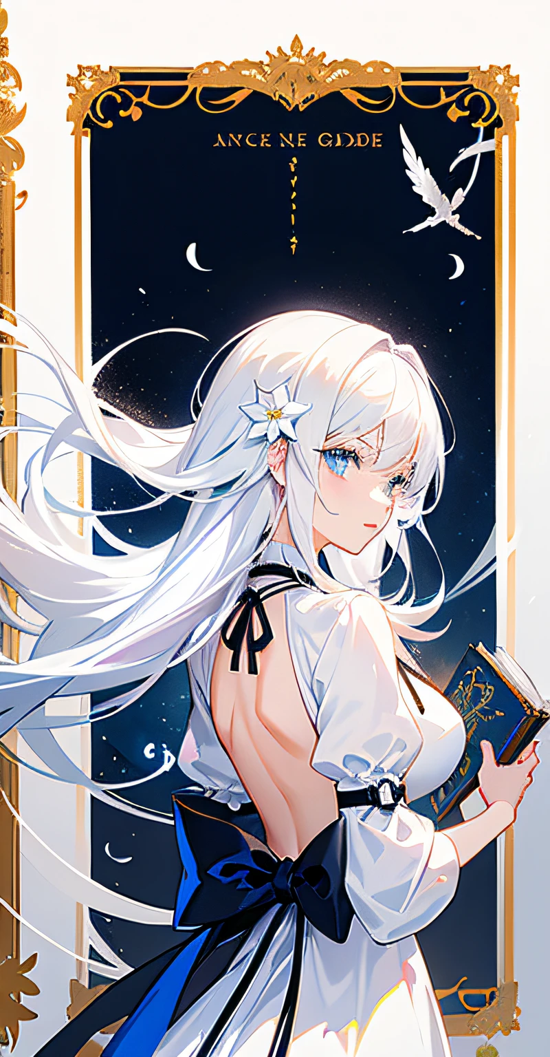 Anime goddess, white hair, 1 girl, blue eyes, long hair, white hair, solo, look back, dress, look audience, book, breasts, white hair, back, backless clothing, from behind, black dress, backless dress, flower, medium breasts, upper body, holding a book, fingers on lips