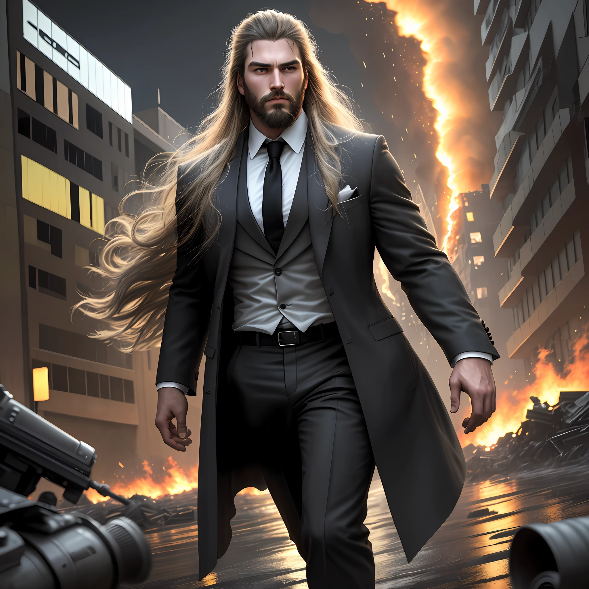 masterpiece, extremely high details, (best quality: 1.2), absurd, photorealistic, realistic, hyperdetailed, ray tracing, high resolution, sharp focus, 8k, vibrant, intricate, sharpness and clarity, realistic, hiper_realismo, 1man, 1girl, gentleman,, man lifting in arms, coming out of explosion atmosphere, shoulder of man long hair, barefoot woman, holding hand, huge explosion, explosion of the entire structure of the building,  dirty face, beard, torn suit, dirty gray shirt, black tie, character from the movie Ja rule, explosion, debris, night, raining, rain, wet ground