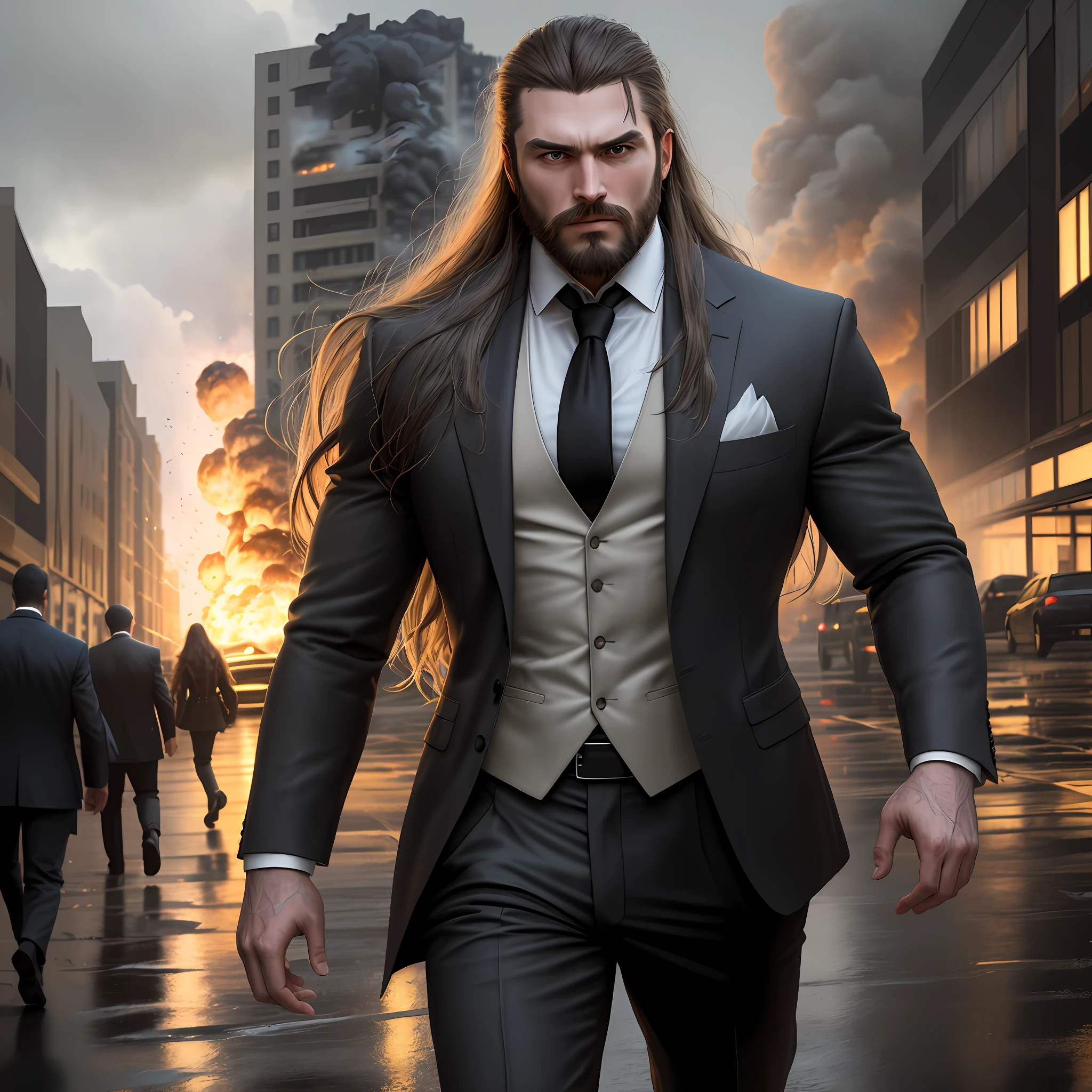 masterpiece, extremely high details, (best quality: 1.2), absurd, photorealistic, realistic, hyperdetailed, ray tracing, high resolution, sharp focus, 8k, vibrant, intricate, sharpness and clarity, realistic, hiper_realismo, 1man, 1girl, gentleman,, man lifting in arms, coming out of explosion atmosphere, shoulder of man long hair, barefoot woman, holding hand, huge explosion, explosion of the entire structure of the building,  dirty face, beard, torn suit, dirty gray shirt, black tie, character from the movie Ja rule, explosion, debris, night, raining, rain, wet ground