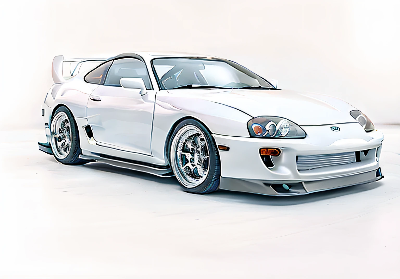 arafed white sports car parked in a white room with a white background, toyota supra, full view of a sport car, wide body, automotive photography, auto photography, digitally painted, complex and desaturated, white metallic, jdm, desaturated!, desaturated, #1 digital painting of all time, # 1 digital painting of all time, desaturated!!