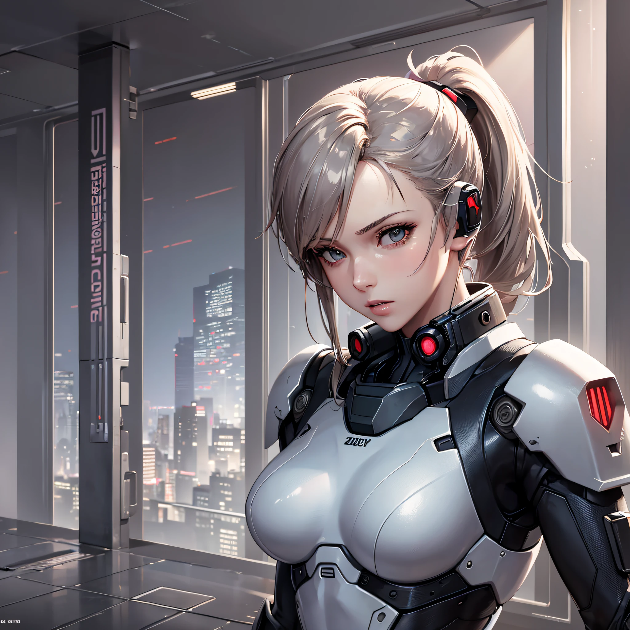 masterpiece,best quality,1girl,medium breasts,((album cover)), light on face,slim body,exoskeleton, metal gear,cyberpunk style,ponytail,gundam