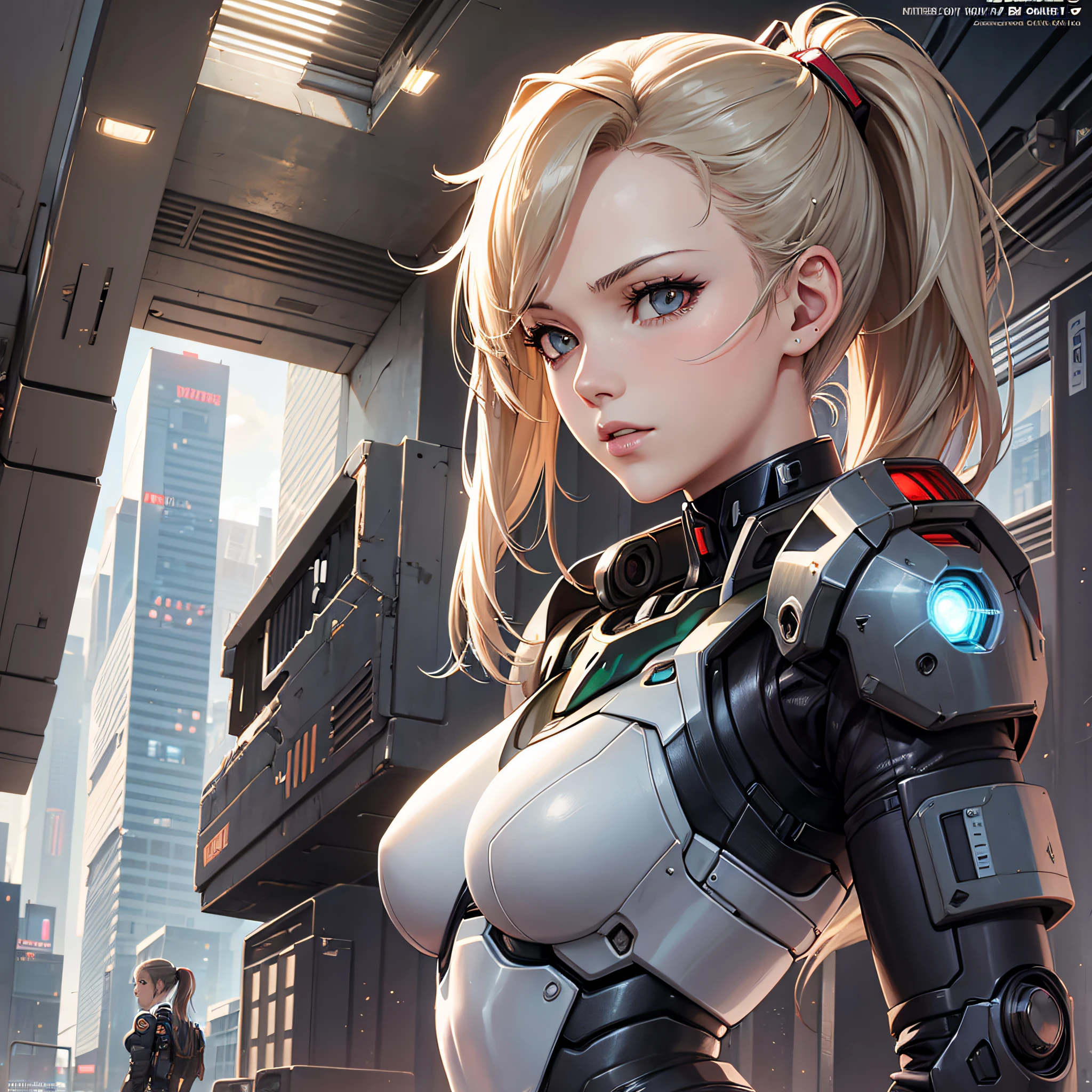 masterpiece,best quality,1girl,medium breasts,((album cover)), light on face,slim body,exoskeleton, metal gear,cyberpunk style,ponytail,gundam
