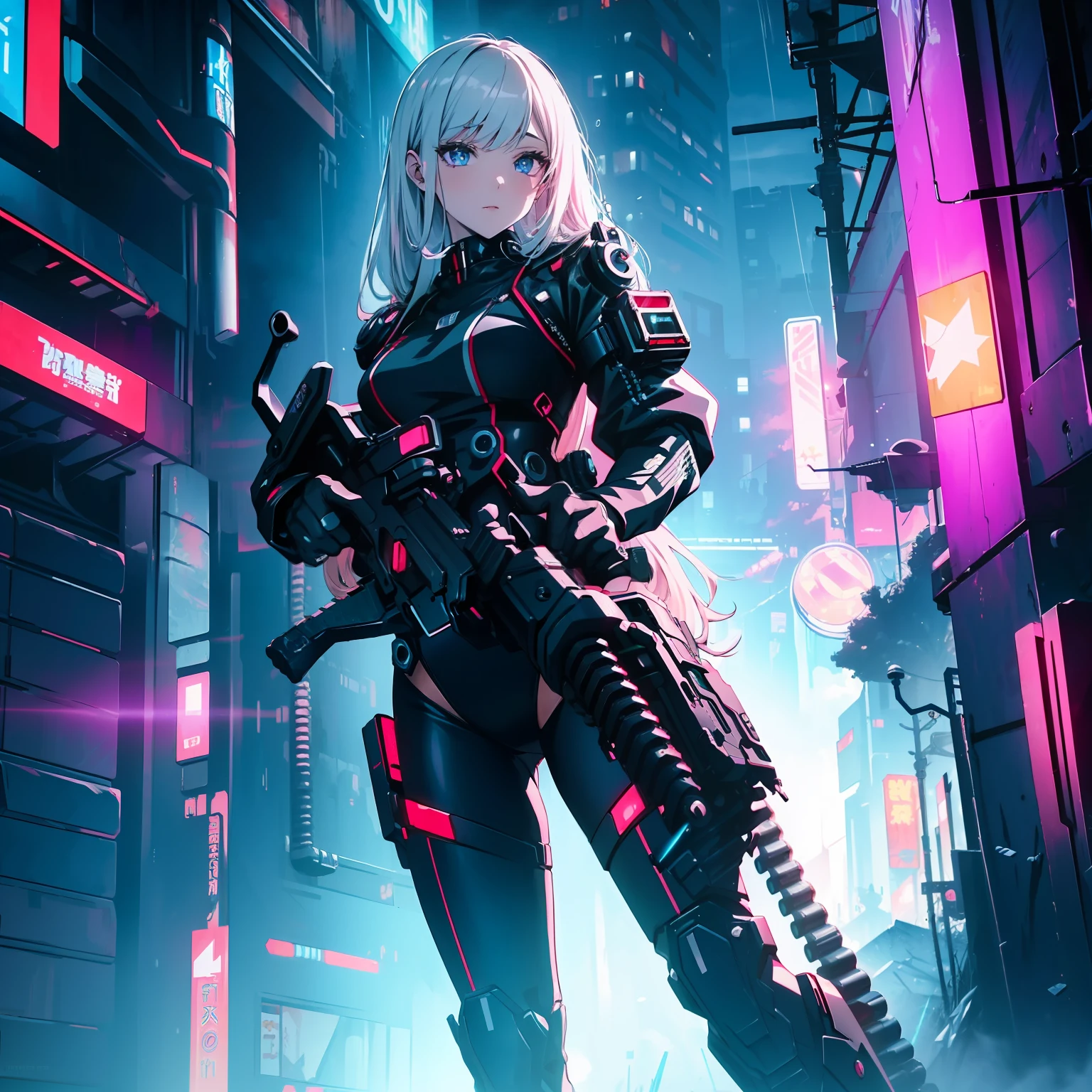 ((Best Quality)), ((Masterpiece)), (Very detailed:1.3) Beautiful hyperwaifu in cyberpunk bodysuit shooting Gatling pistol, pistol, anime, dark cyber theme, rain, night