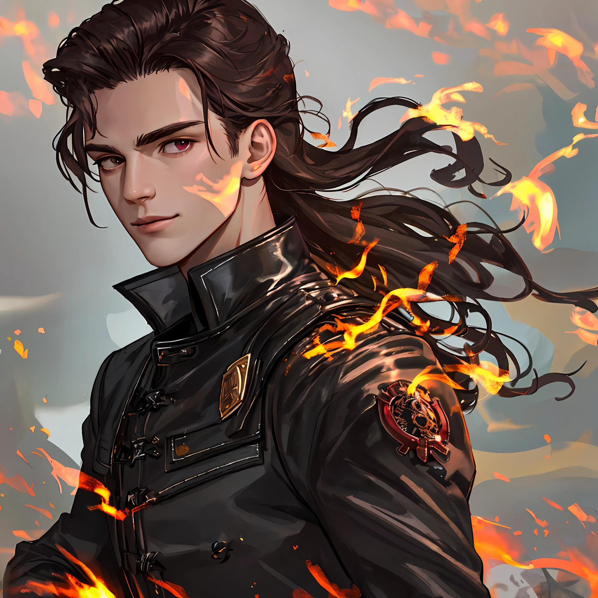 Best Quality, Masterpiece, High Resolution, 1 Man, Single, Upper Body, Side Face, Mature, Burgundy Shirt, Black Leather Coat, Ring, Handsome Face, Handsome, Palm Burning Flame, (High Detail Skin: 1.2), 8K UHD, DSLR, Soft Light, High Quality, Volume Light, , Photos, High Resolution, 4K, 8K, Bokeh,