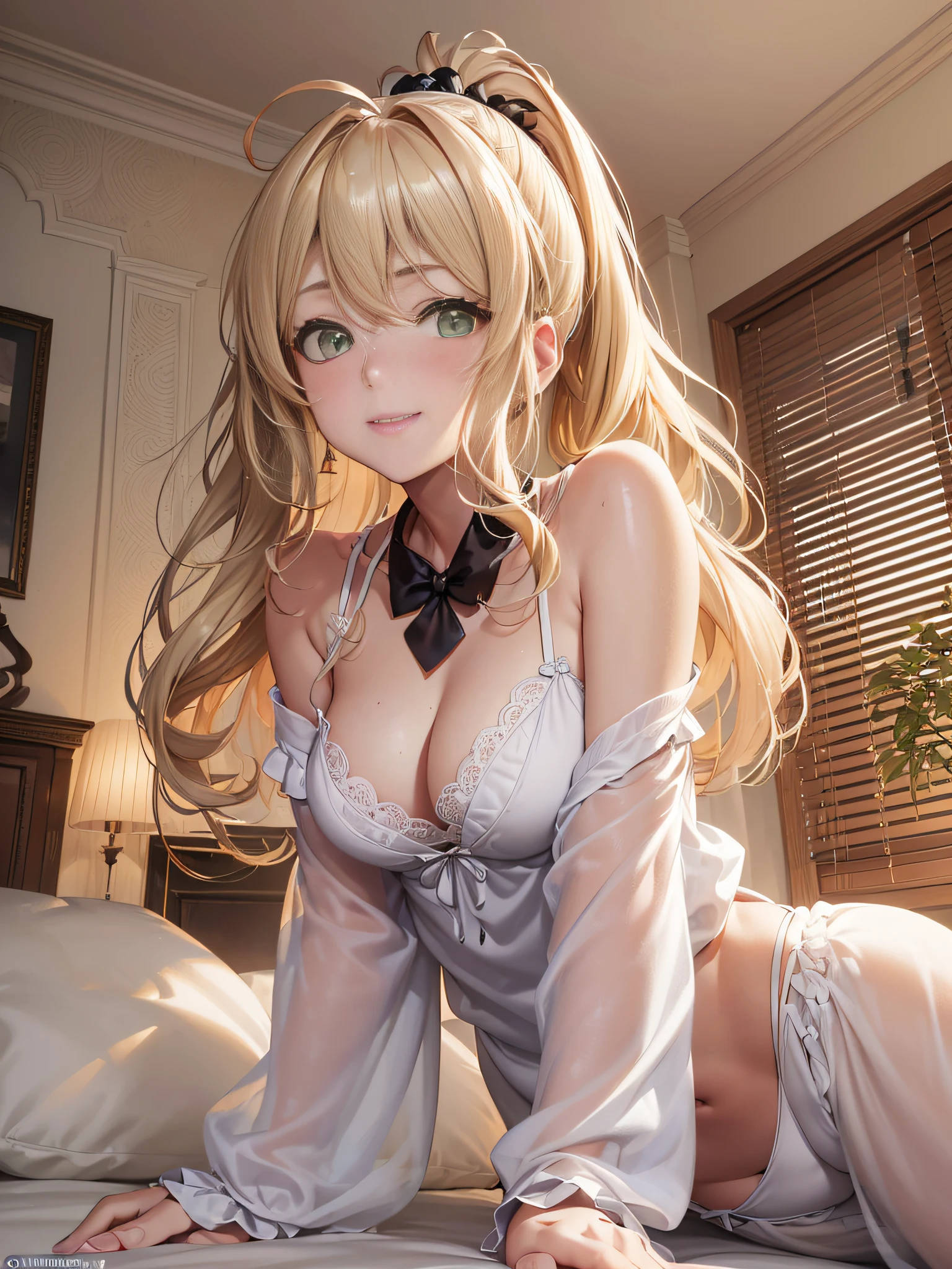 Masterpiece, Best Quality, Official Art, (Highly Detailed CG Unity 8k wallpaper), Detailed background, (Hands by Guido Daniele: 1.1), Feet out of frame, First Person View, 1, Beautiful woman who is attractive and perfect, Lying on bed, Lying on her back on the bed, ((Wake up: 1.14))), (Pajamas, sleepwear, underwear, White thighs: 1.12), (Blonde long-haired (Ahoge: 1.13), (High Ponytail: 1.12), (Green Eyes: 1.13), Look at the Beholder, Big, (cleavage), Beautiful Face, (Blush: 1.11), (Smile: 1.11)