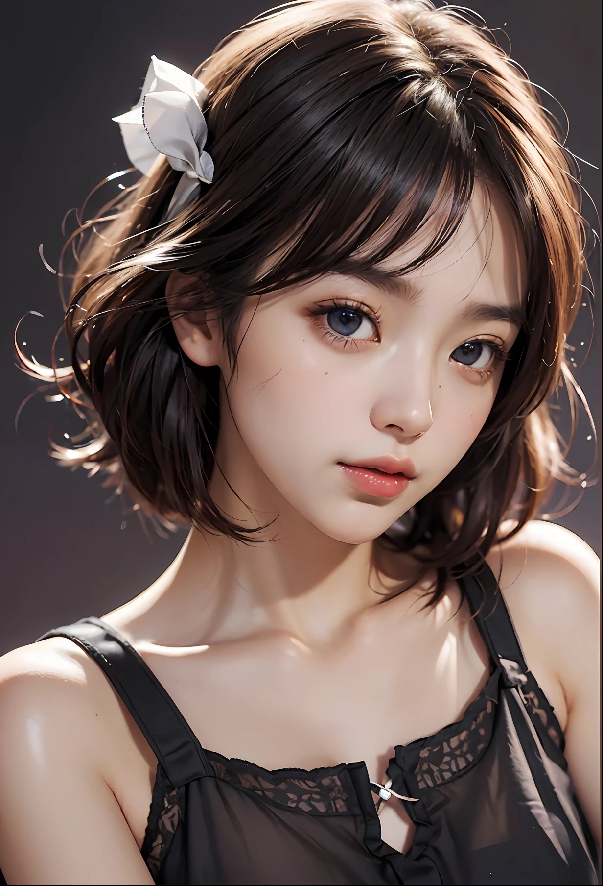 1girl, (realistic:1.4), (pixiv:1.3), perfect illumination, distinct, (bishoujo:1.2), unreal engine, sidelighting, perfect face, detailed face, beautiful eyes, pretty face, (bright skin:1.2), idol, ulzzang-6500-v1.1, soft smile, upper body, dark red hair, (simple background), ((dark background)), (depth of field)