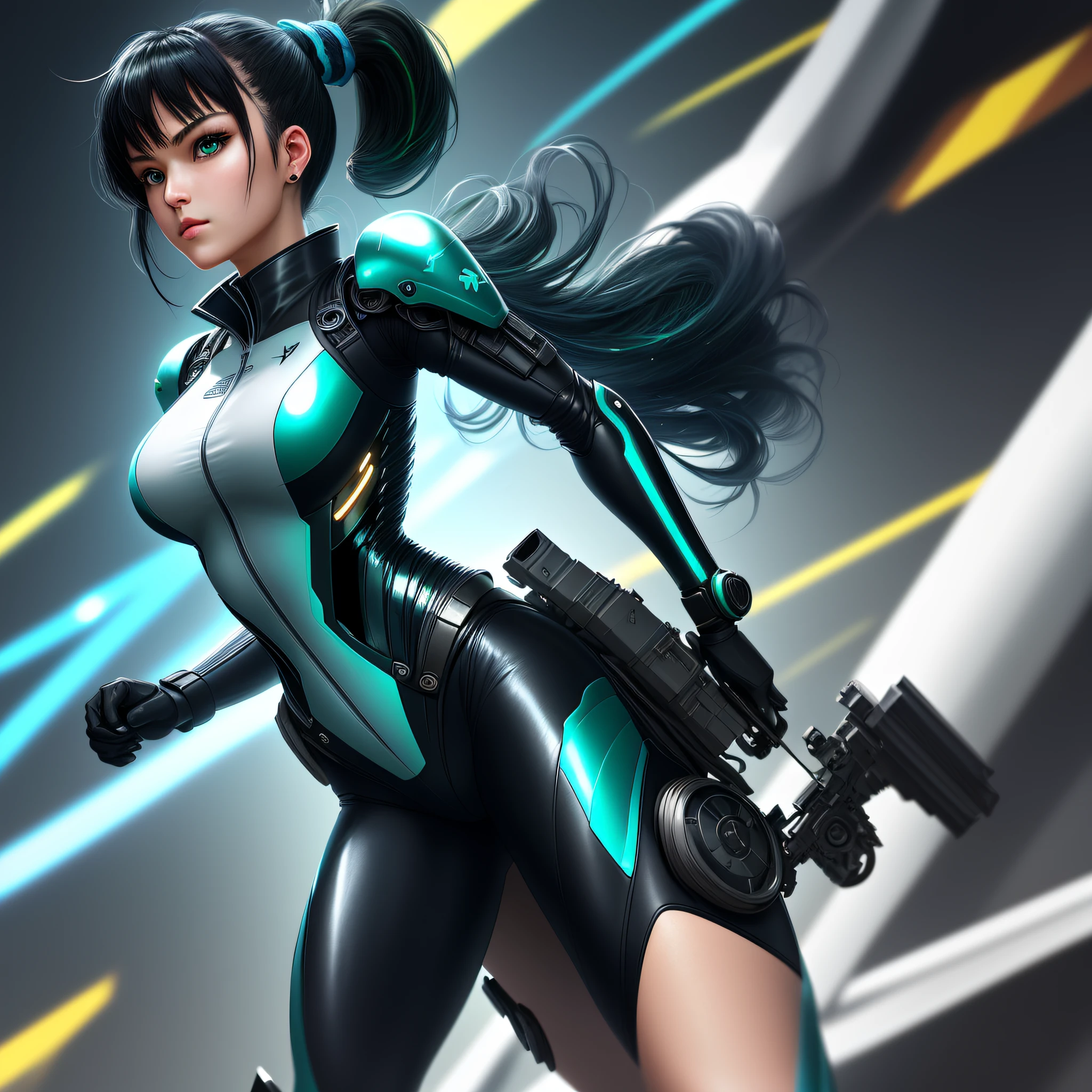 Not implemented:
(Super elaborate CG Unity 8K wallpaper, masterpiece, highest quality): (Dynamic Angle, Solo, Japan Face, 1 Girl, Full Body, Cyberpunk-style Blue Cyborg Armor, Sparkly Green Eyes, Black Hair, White and Blue Color Flight Suit, Tight Fit Clothes, Full Body Covering Clothes, Beauty, Slim Body, Exoskeleton, Gundam, Metal Gear, Ponytail)