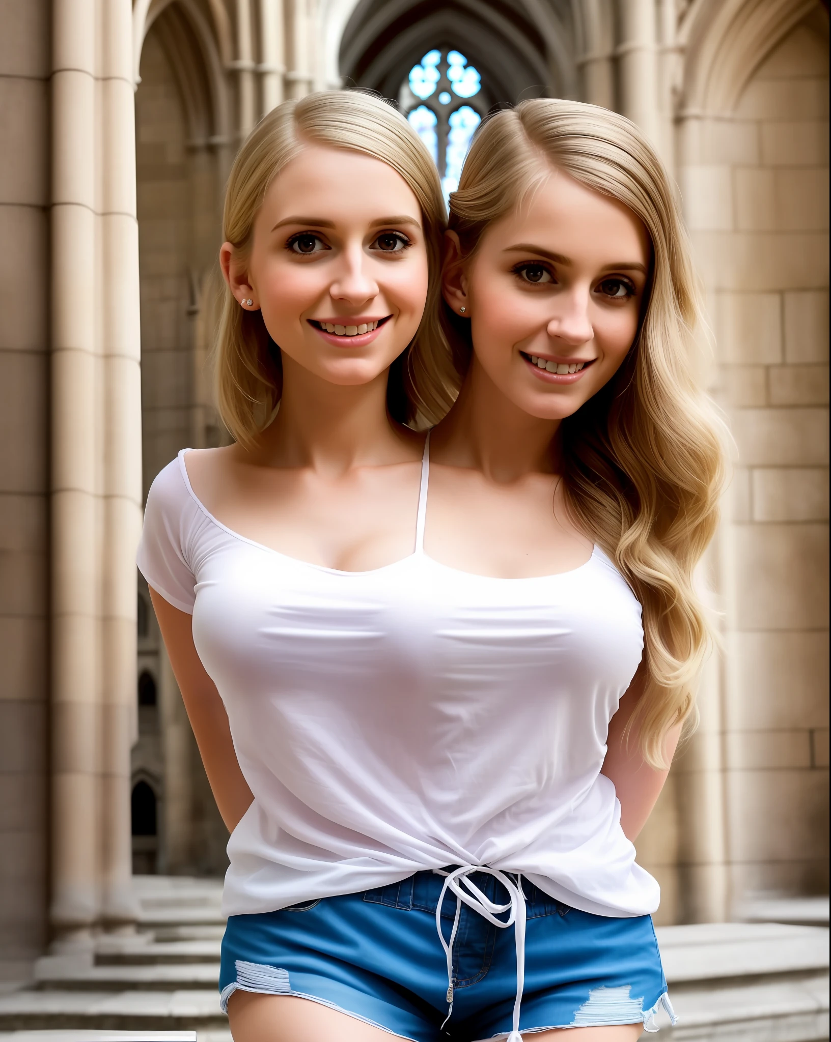 photo of 2heads, 30 years old, feminine woman, the faces are not identical, close up, portrait, ukrani, shortblonde hair, tribreasts, three breasts, double cleavage, unerboob, white wet t shirt, shorts, at an old european cathedral,, conjoined