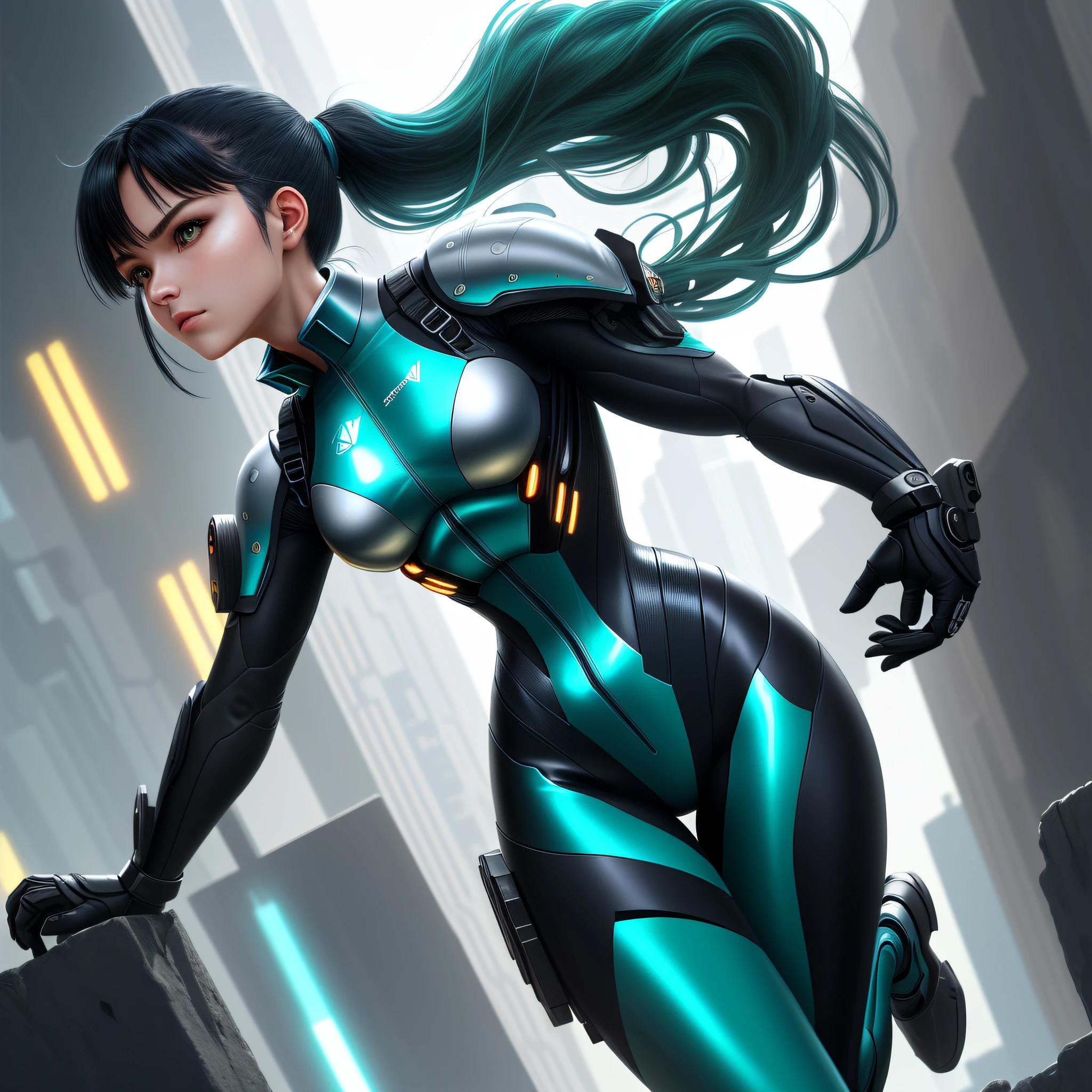 Not implemented:
(Super elaborate CG Unity 8K wallpaper, masterpiece, highest quality): (Dynamic Angle, Solo, Japan Face, 1 Girl, Full Body, Cyberpunk-style Blue Cyborg Armor, Sparkly Green Eyes, Black Hair, White and Blue Color Flight Suit, Tight Fit Clothes, Full Body Covering Clothes, Beauty, Slim Body, Exoskeleton, Gundam, Metal Gear, Ponytail)