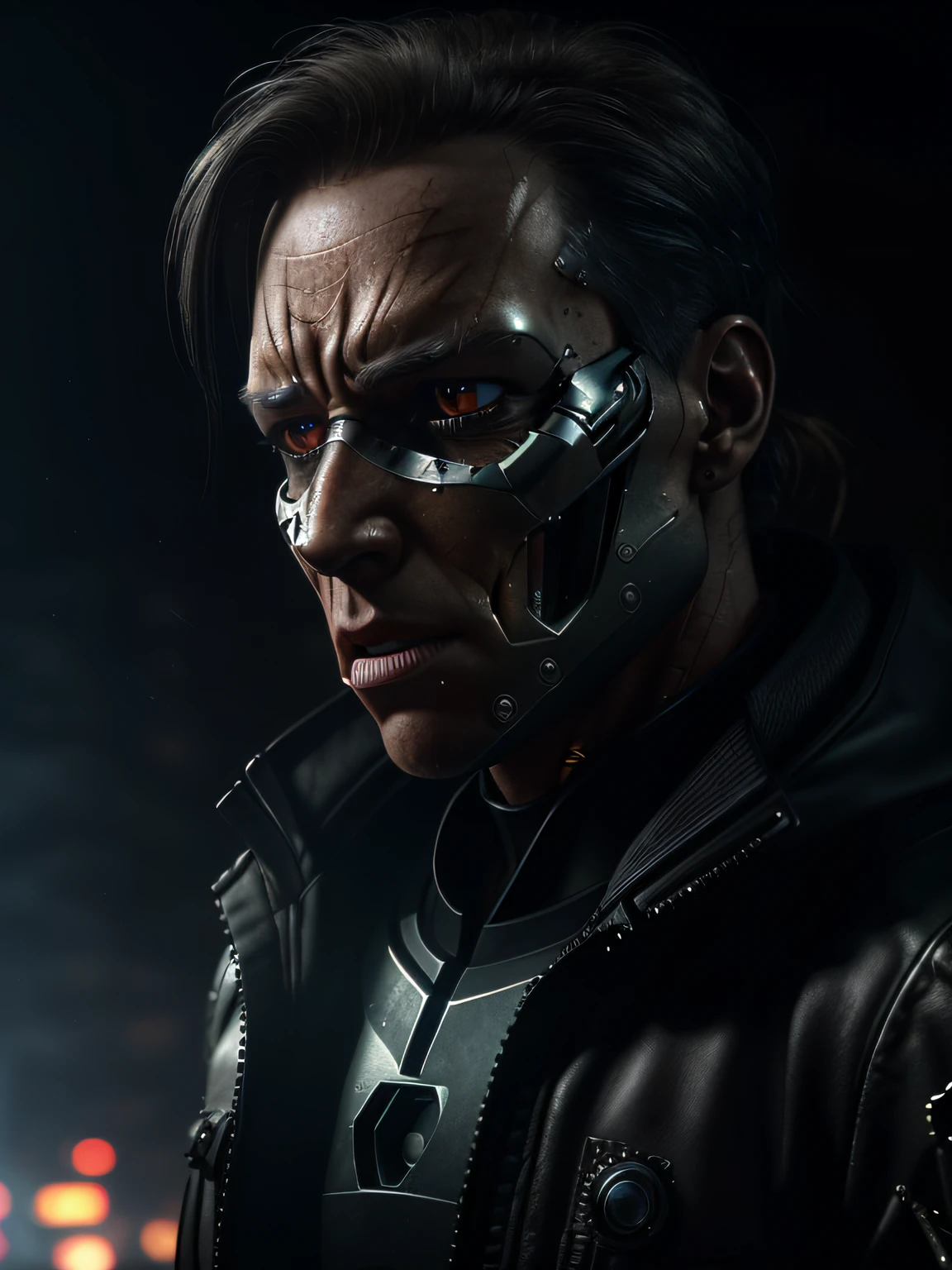 (A terminator cyborg in future city). (RAW photo, real life, absurdres, high quality, detailed, realistic:1.3), (solo:1.3), a high resolution photo of a t-800 with intricate details, with red eyes glow and metal shiny skull face and chrome metal body, eyes are red camera lenses. ((metal reflex fire, big flames, fog, smoke and dark background)), cinematic, atmospheric, 4k, realistic lighting, shot by Hassleblad camera, Zeiss lens, 50mm 1.2 lens, Octane Render, ultra realistic, realistic lighting, photorealistic, photorealism, unreal engine, highly detailed, intricate detail, ((half body)).