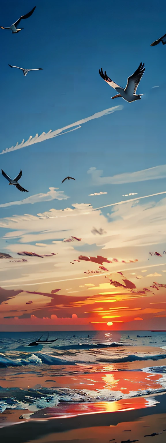 Seaside, sunset view, seagulls flying in the sky