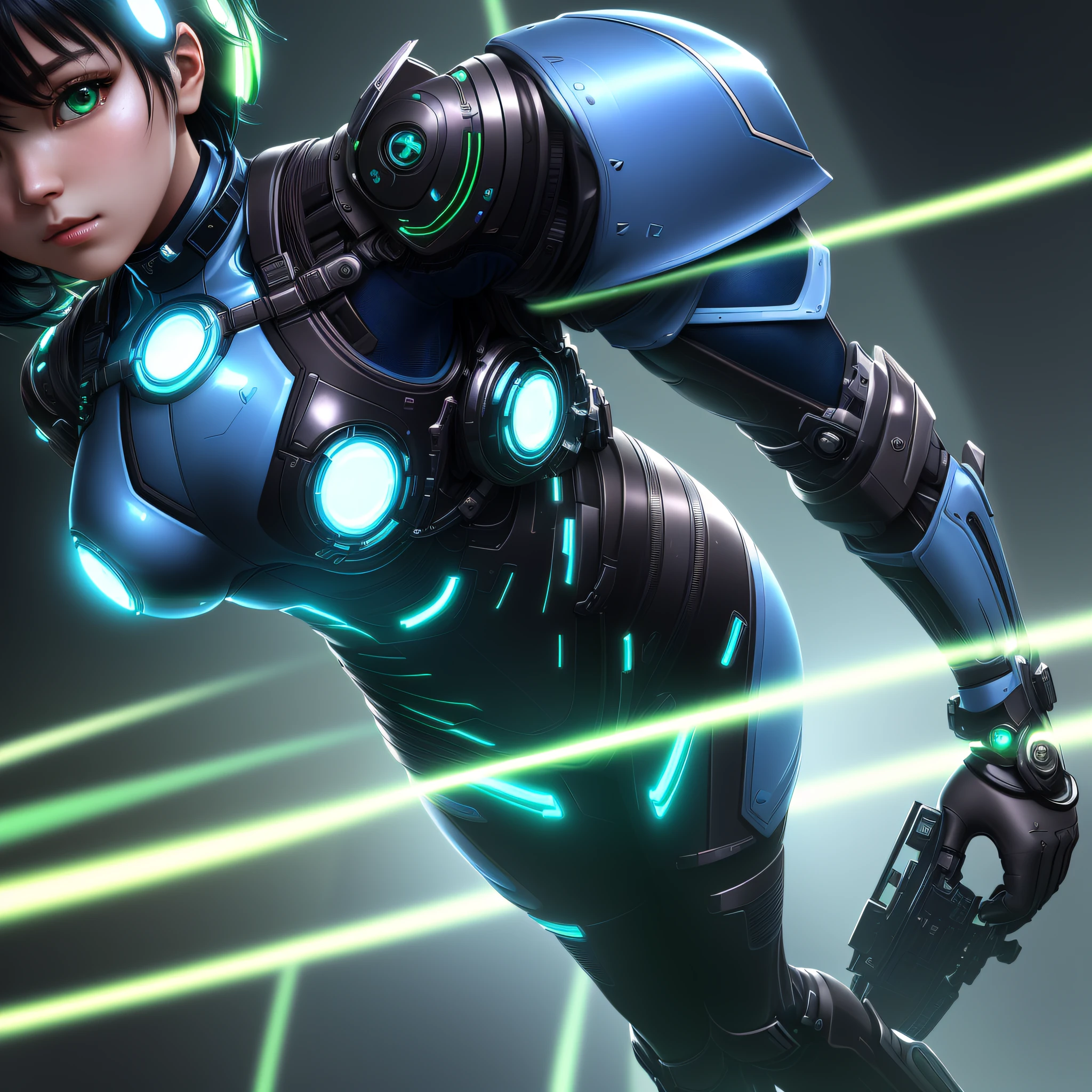 (Super elaborate CG Unity 8K wallpaper, masterpiece, highest quality): (Dynamic Angle, Solo, Japan Face, 1 Girl, Full Body, Cyberpunk-style Blue Cyborg Armor, Sparkly Green Eyes, Short Black Hair, White and Blue Color Flight Suit, Tight Fit Clothes, Full Body Covering Clothes, Beauty)