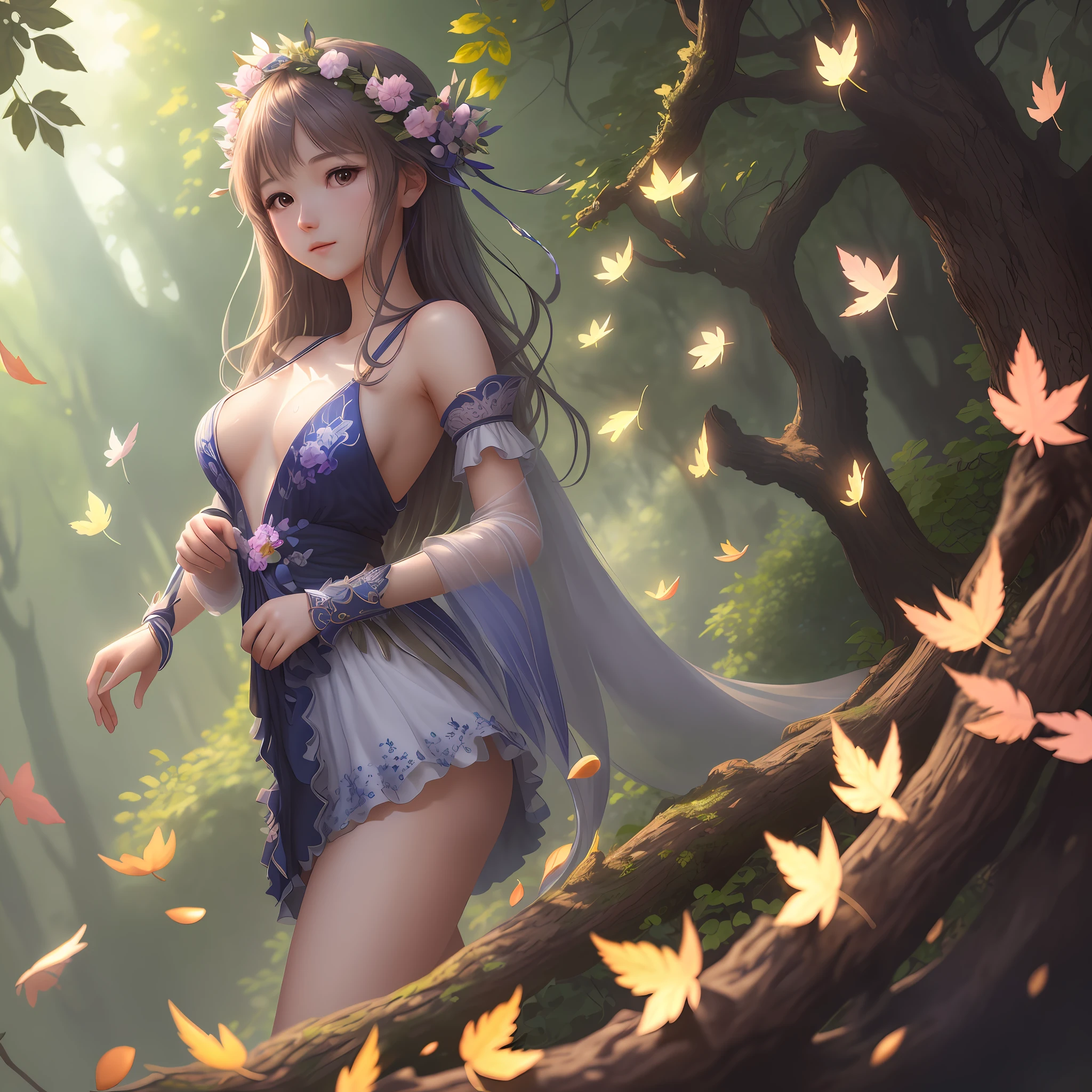 Masterpiece, Best Quality, (Very Detailed CG Unity 8k Wallpaper) (Best Quality), (Best Illustration), (Best Shadow) Delicate leaves of nature Petals of various colors falling in the air Light tracking, super detailed A beautiful girl without clothes --v6