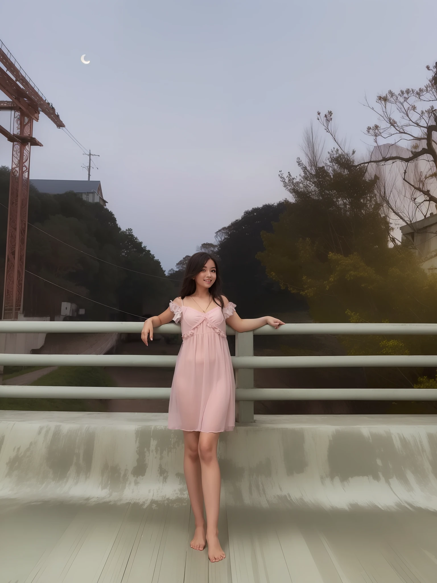 1girl, in middle of bridge, in evening, moon light, barefoot, wearing pink short gown, curtain grab, curtains, covered navel, covered, black hair, sheet grab, standing, smile, solo, tail, lily_\(flower\), looking a viewer, (flat chest:1.2), solo, beautiful and delicate detailed girl, illustration, unity 8k wallpaper, masterpiece, best quality, (upper body:1.6),