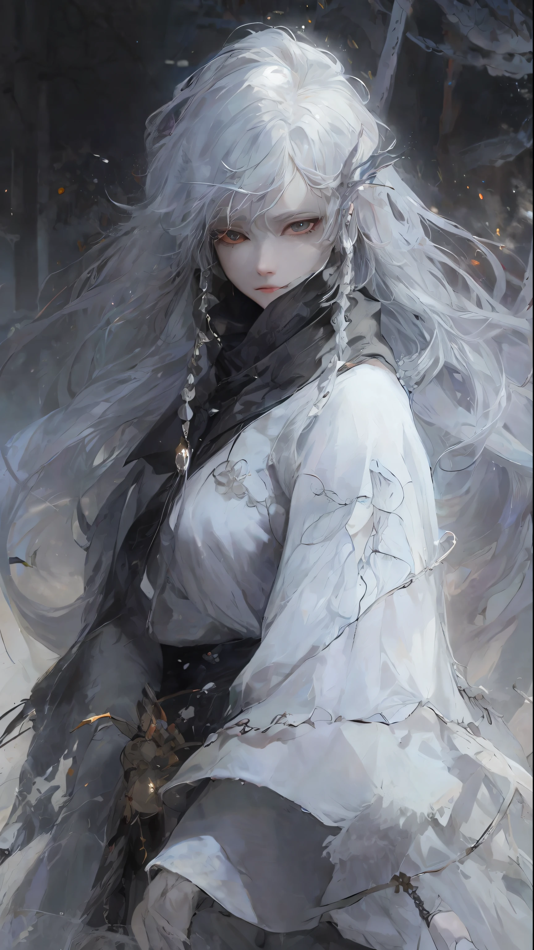 a close up of a woman with a white hair and a black scarf, a character portrait by Yang J, pixiv contest winner, fantasy art, white haired deity, beautiful character painting, artwork in the style of guweiz, the piercing stare of yuki onna, guweiz, with white long hair, with long white hair, flowing hair and long robes