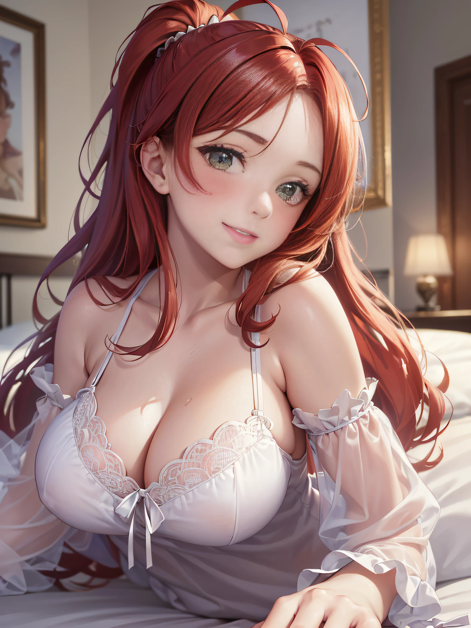 Masterpiece, Best Quality, Official Art, (Highly Detailed CG Unity 8k wallpaper), Detailed background, (Hands by Guido Daniele: 1.1), Feet out of frame, First person perspective, 1, Beautiful woman who is attractive and perfect, Lying on bed, Lying on her back on the bed(curvaceous), ((((Wake up: 1.14))), (Pajamas, sleepwear, underwear, White thighs: 1.12), (Red longhair (Ahoge: 1.13), (High Ponytail: 1.12), (Green Eyes: 1.13), Look at the Beholder, Big, (cleavage), Beautiful Face, (Blush: 1.11), (Smile: 1.11)