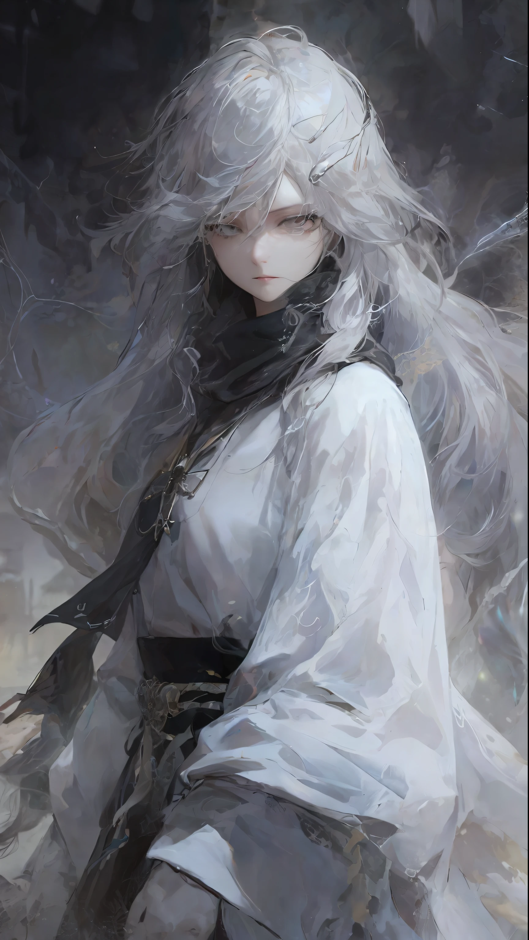 a close up of a woman with a white hair and a black scarf, a character portrait by Yang J, pixiv contest winner, fantasy art, white haired deity, beautiful character painting, artwork in the style of guweiz, the piercing stare of yuki onna, guweiz, with white long hair, with long white hair, flowing hair and long robes