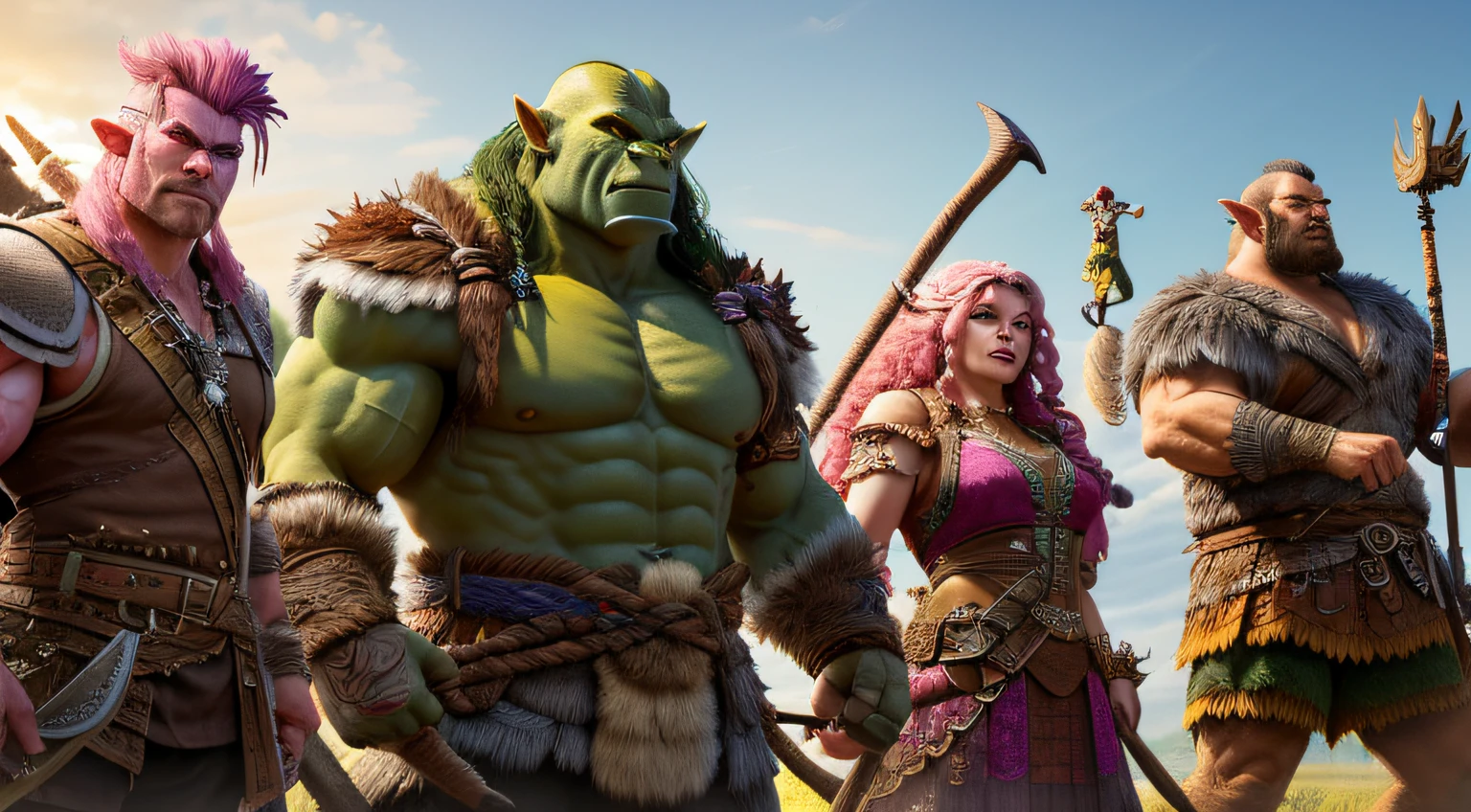 (extremely detailed 8k wallpaper),a medium shot photo of a half orc wizard barbarian, a halflings bard, a wood elf arcane Archer with an iron golem right arm, a fearless Firbolg druid with a pink highlight in his hair, intricate, high detail, dramatic, big